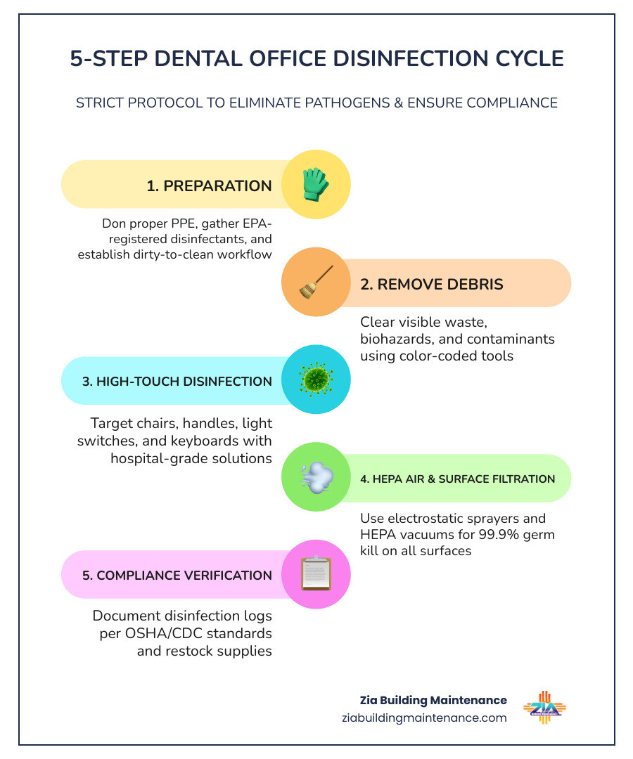 5-step dental office disinfection cycle infographic showing dirty-to-clean workflow, high-touch surfaces, HEPA filtration 5-step dental office disinfection cycle infographic showing dirty-to-clean workflow, high-touch surfaces, HEPA filtration