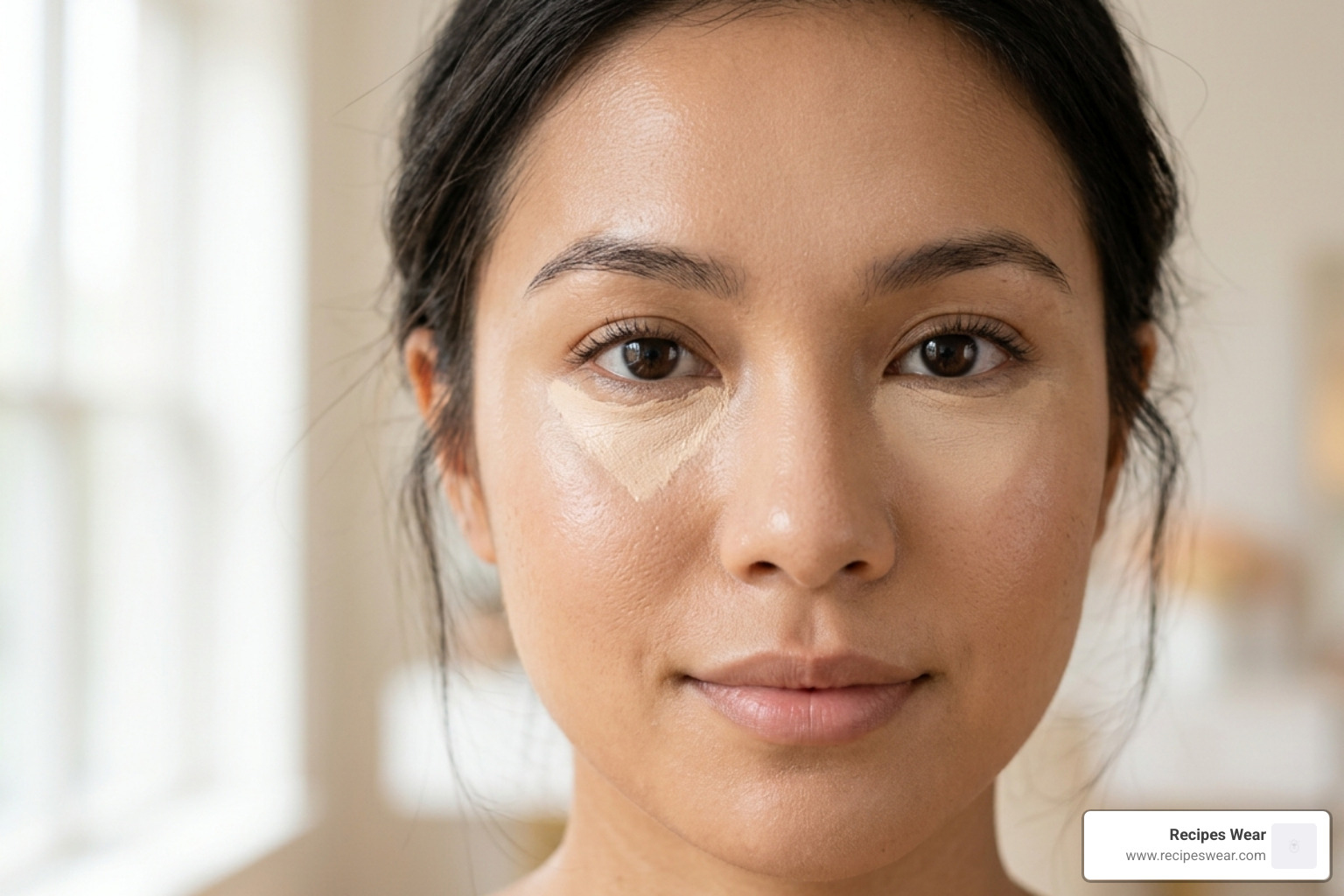 foundation and concealer placement guide showing the inverted triangle under eyes and T-zone powdering - basic makeup