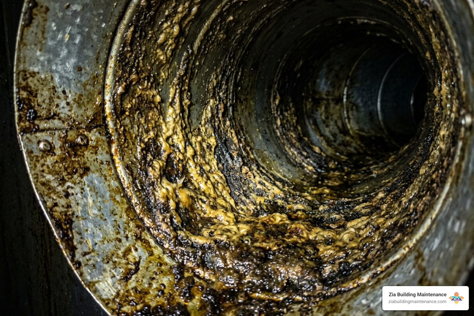 Grease buildup inside a commercial kitchen duct showing heavy accumulation - commercial hood cleaning company Grease buildup inside a commercial kitchen duct showing heavy accumulation - commercial hood cleaning company