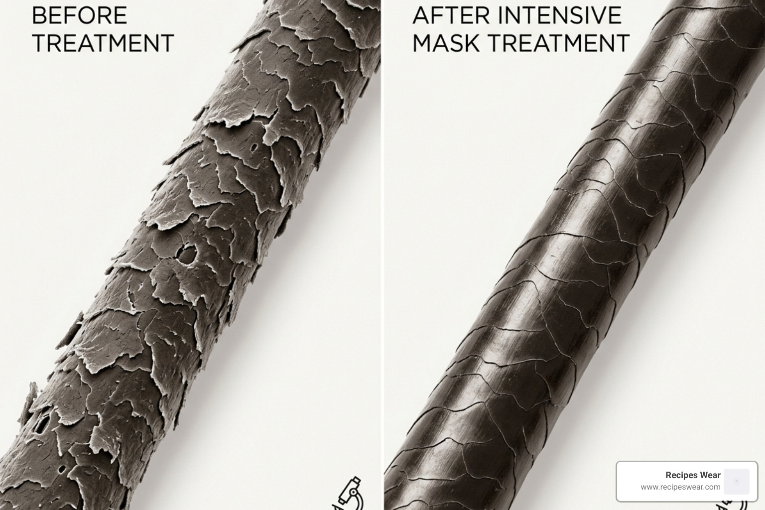 Comparison of a healthy hair cuticle versus a damaged one before and after intensive treatment - hair mask