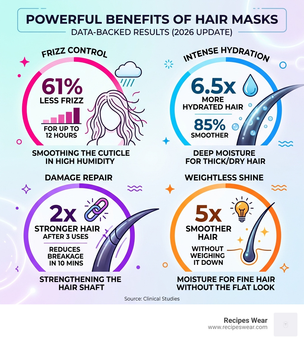 Graphic: Statistical breakdown of hair mask benefits including frizz reduction and hydration levels - hair mask infographic 