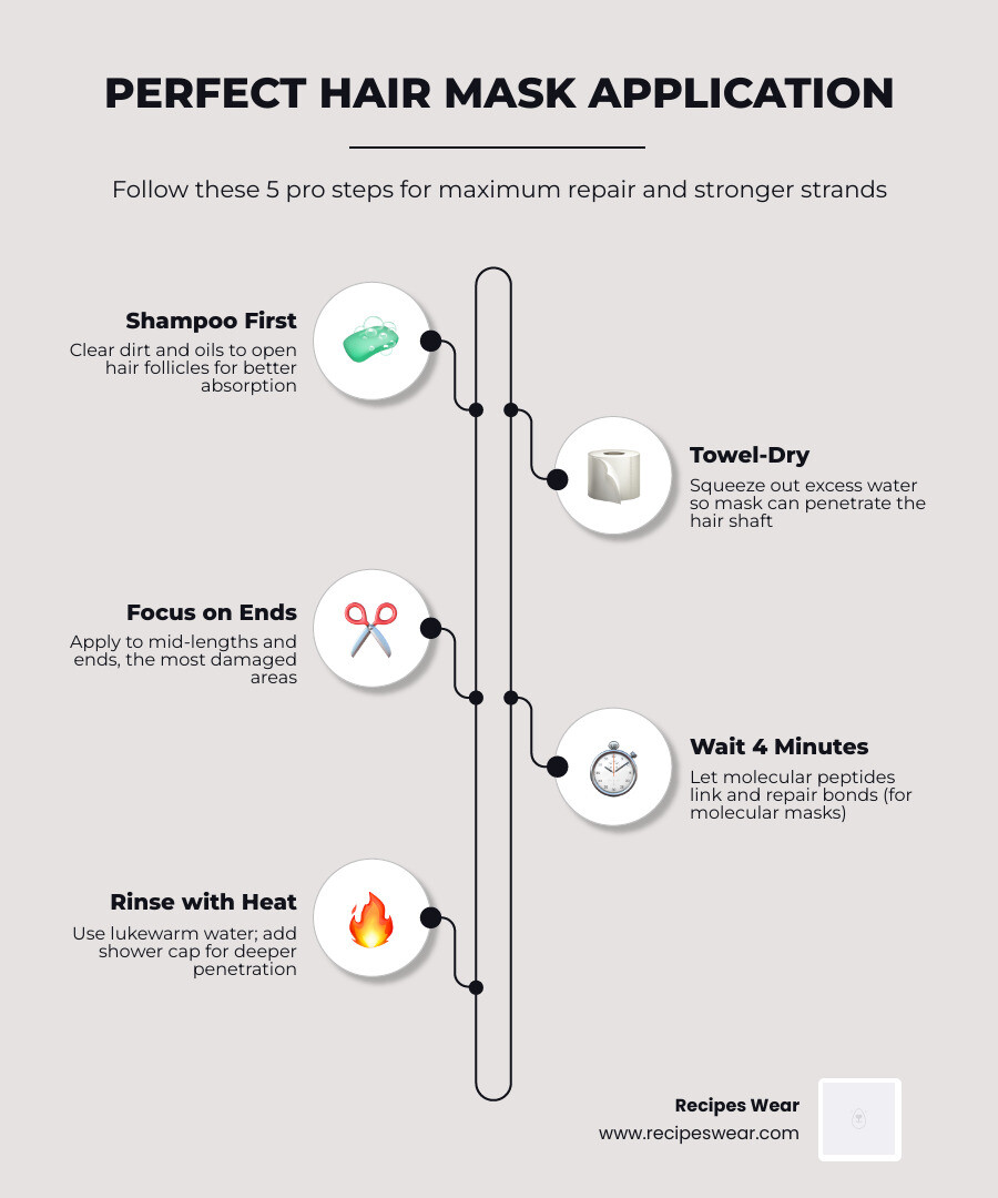 Infographic showing the step-by-step application process for a hair mask - damaged hair mask infographic
