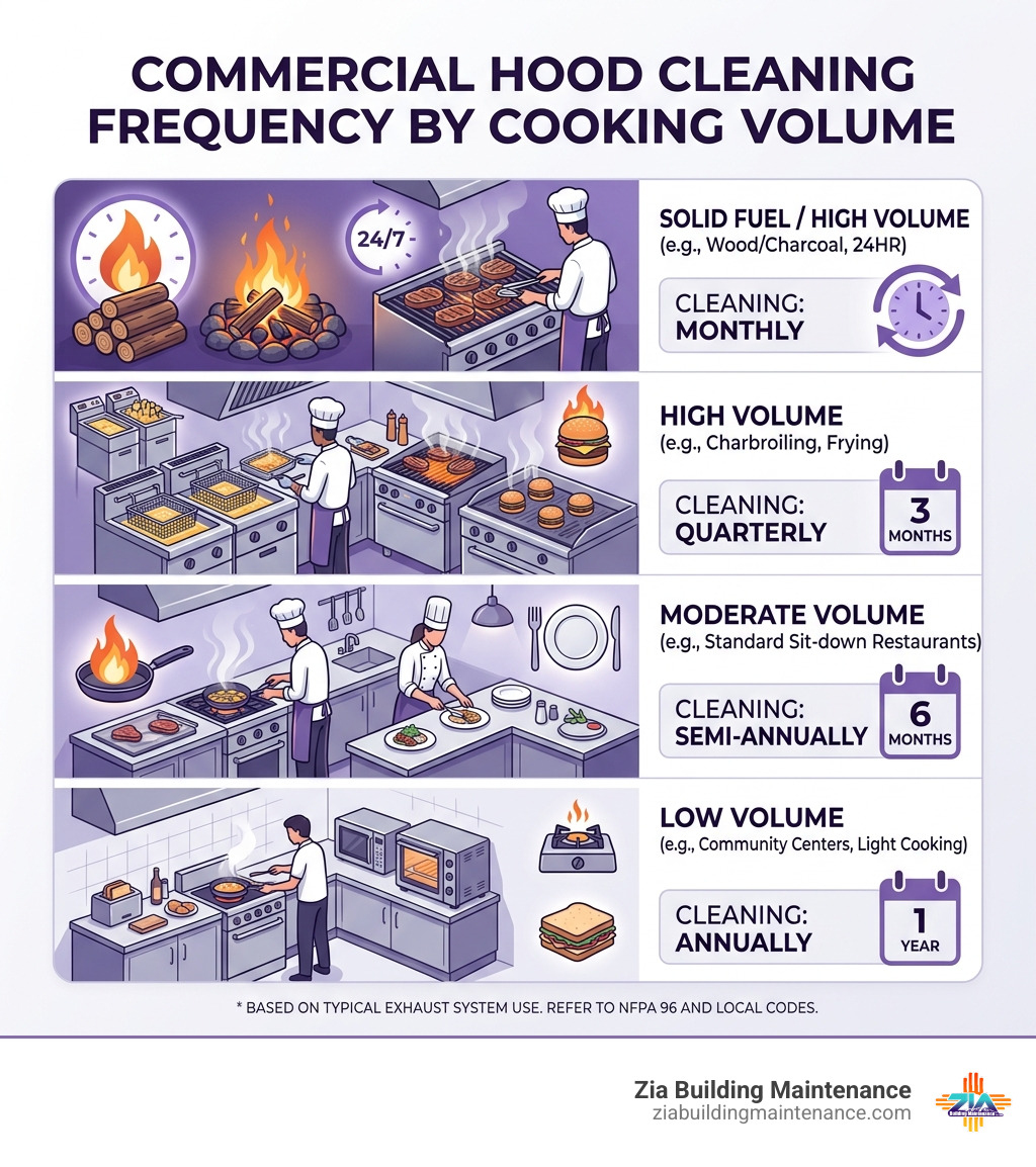 Table comparing cleaning frequency by cooking volume: Monthly for solid fuel/high volume; Quarterly for high volume Table comparing cleaning frequency by cooking volume: Monthly for solid fuel/high volume; Quarterly for high volume