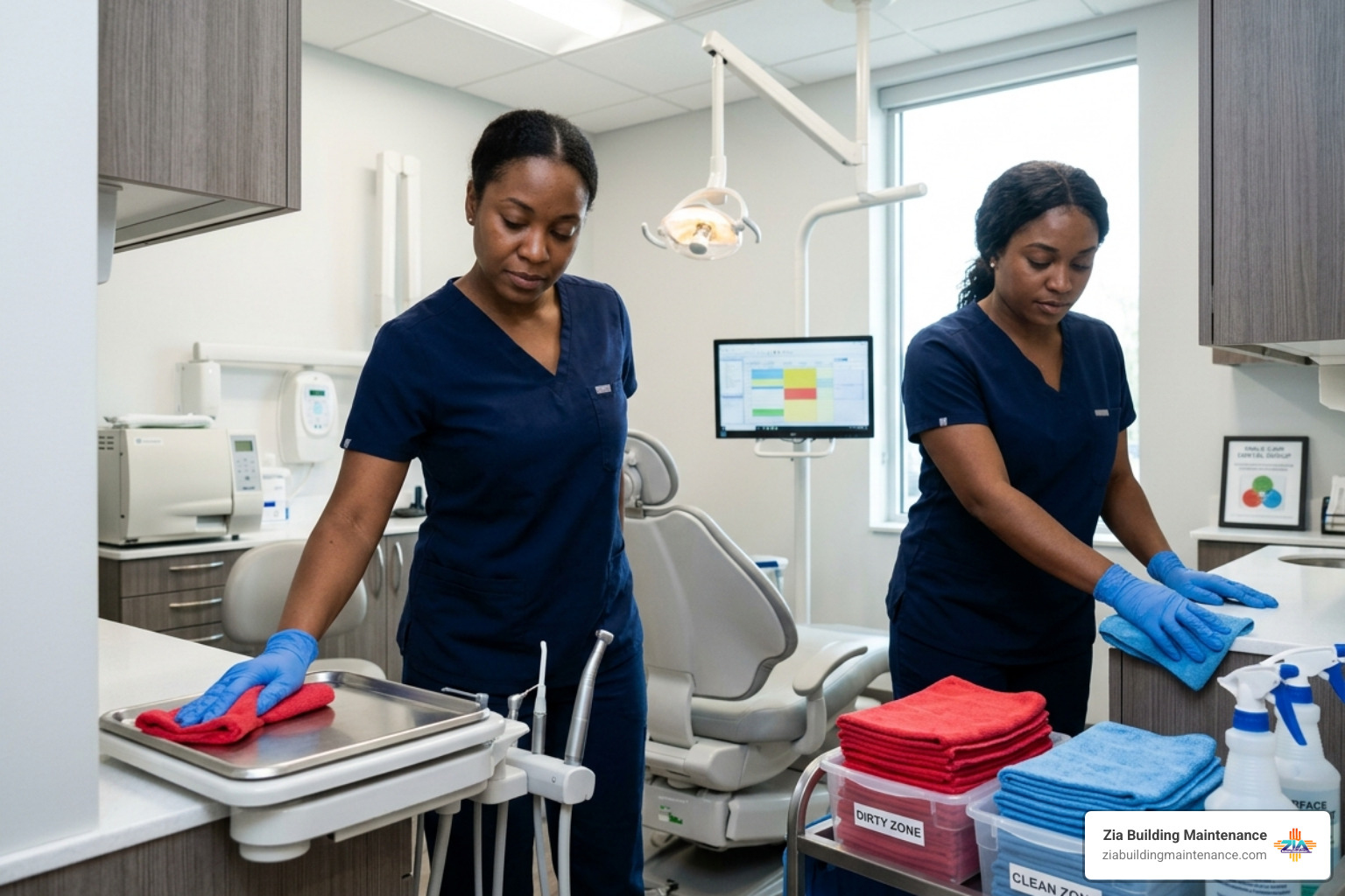 technician using a color-coded microfiber system to prevent cross-contamination in a dental office - cleaning services for technician using a color-coded microfiber system to prevent cross-contamination in a dental office - cleaning services for