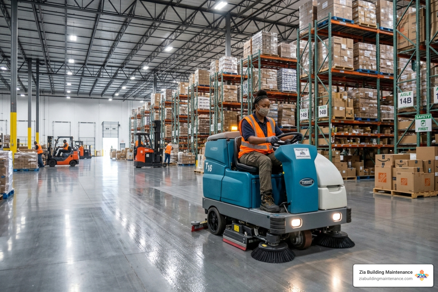 Automated floor scrubber being used in a large commercial warehouse - commercial vinyl floor cleaning Automated floor scrubber being used in a large commercial warehouse - commercial vinyl floor cleaning