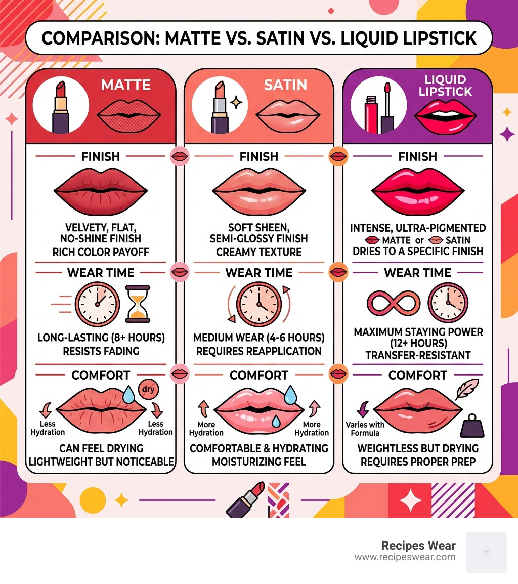 Comparison infographic of matte, satin, and liquid lipstick formulas showing finish, wear time, and comfort - best matte red