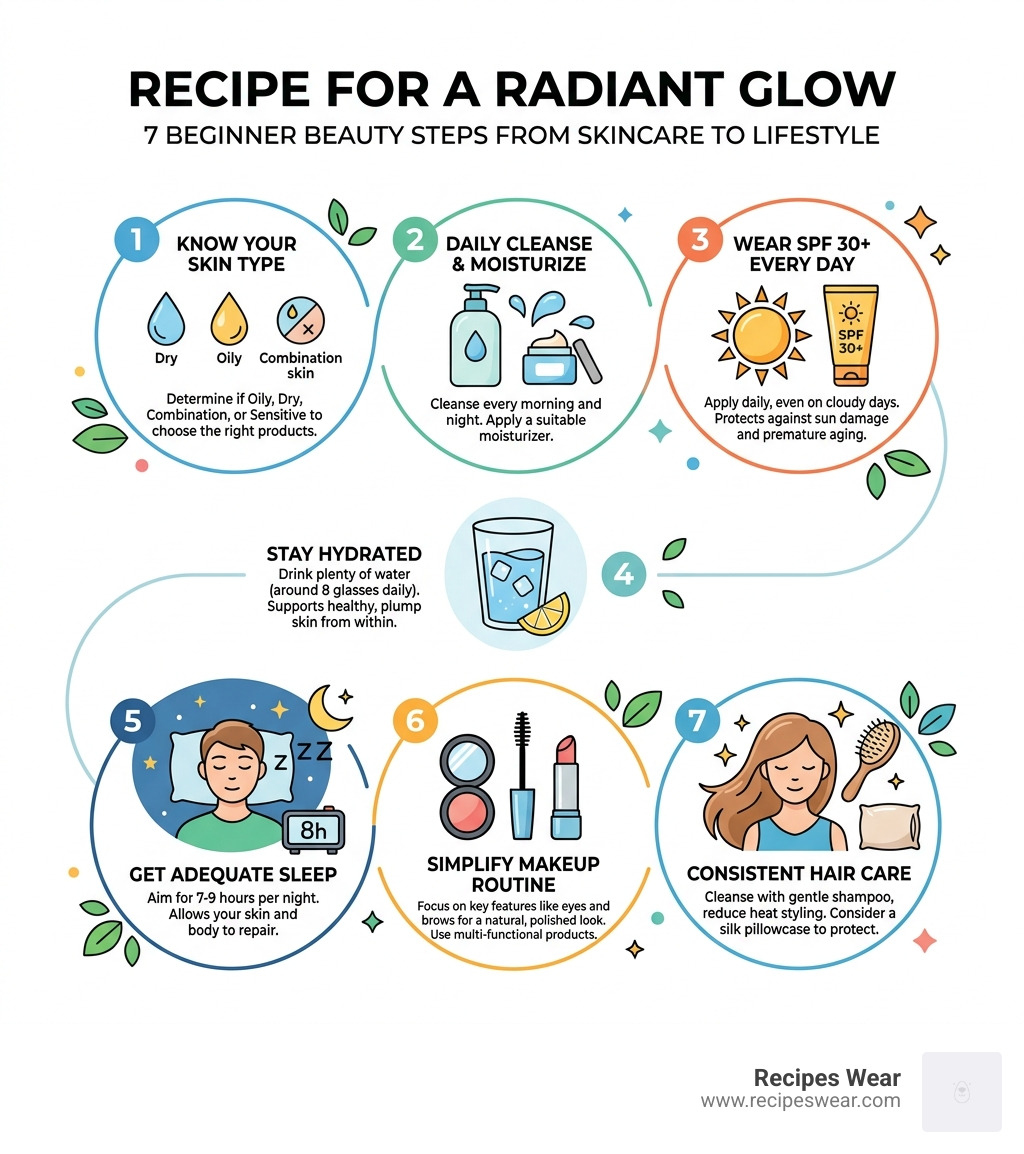Infographic: Recipe for a Radiant Glow — 7 beginner beauty steps from skincare to lifestyle - beauty tips infographic 