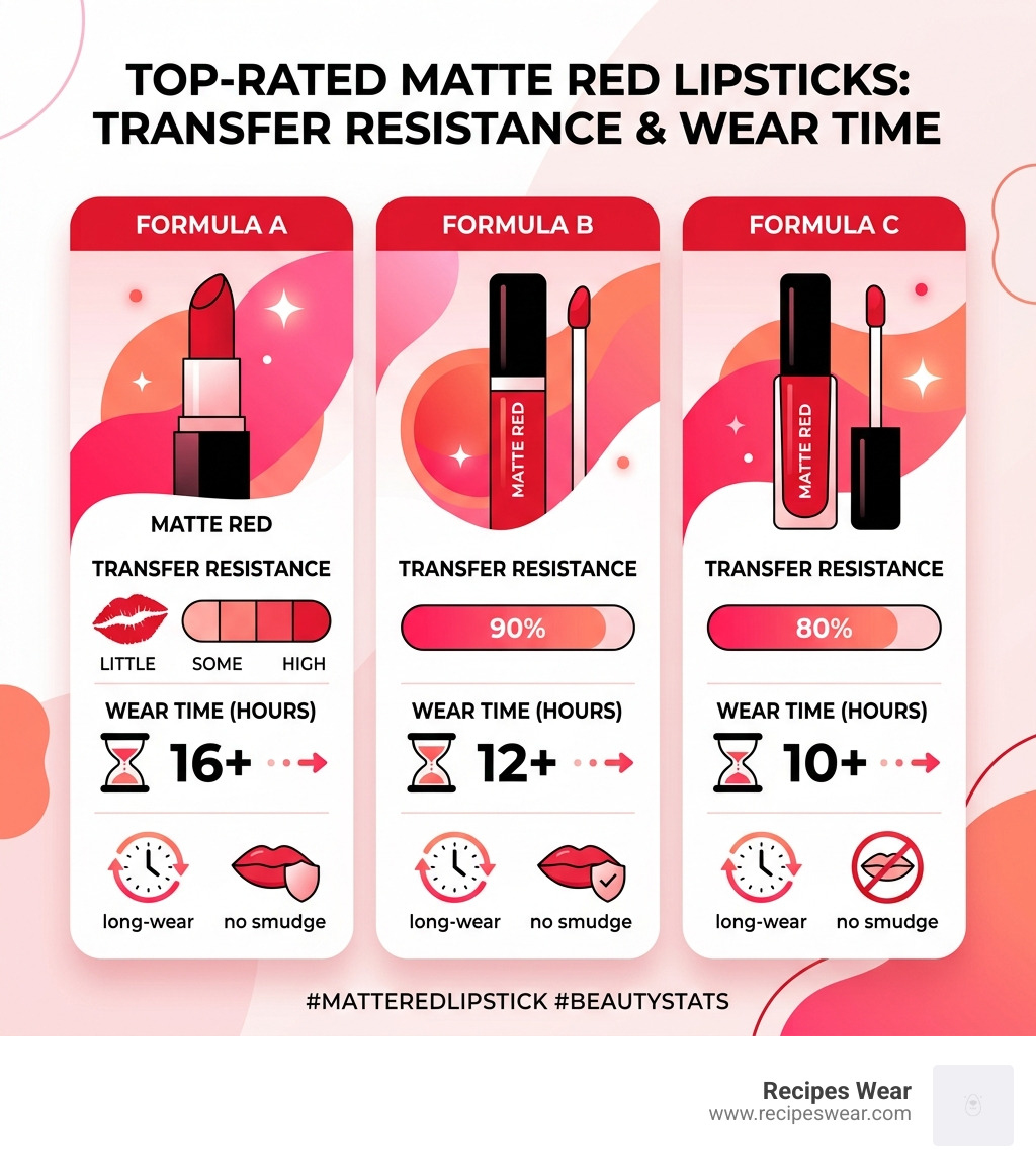 Infographic showing transfer resistance and wear time stats for top matte red lipsticks - best matte red lipstick