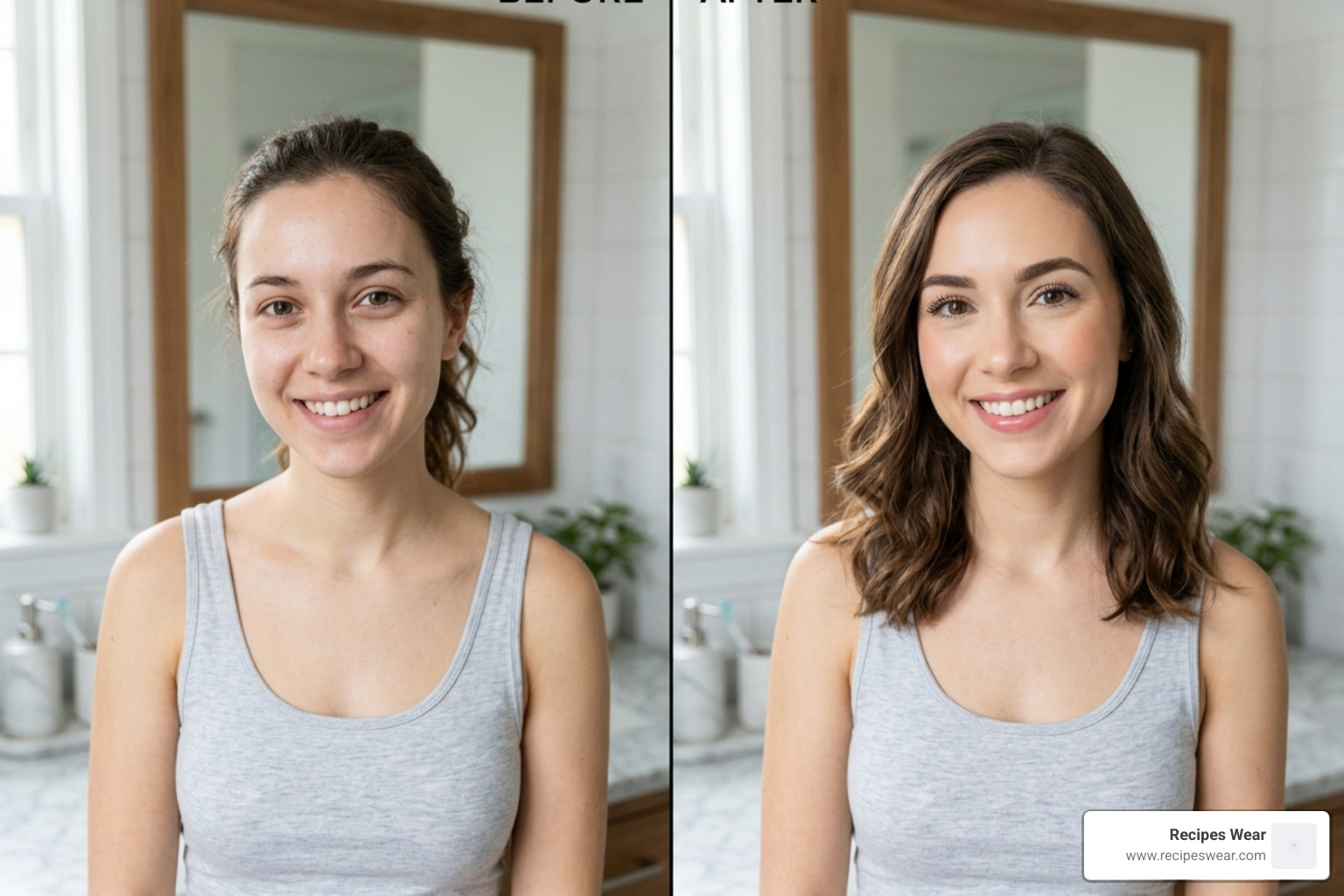 Natural 5-minute makeup transformation showing a fresh, polished look with minimal products - beauty tips