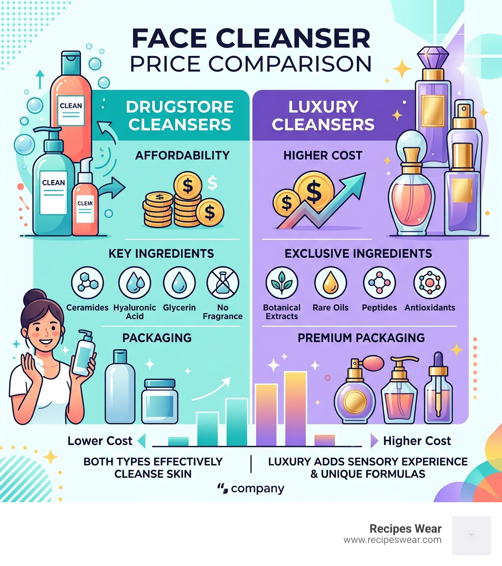 infographic showing price comparison of drugstore vs luxury cleansers - best face cleanser for women infographic 