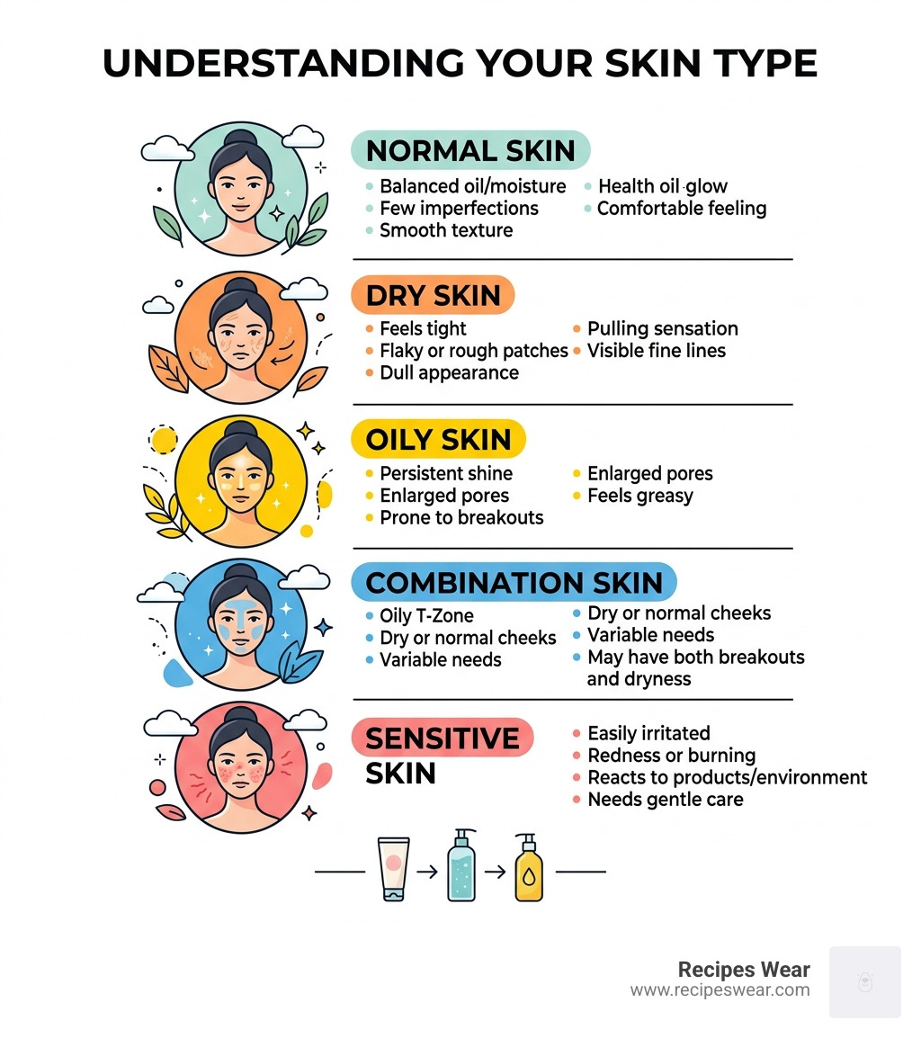 five skin types infographic showing dry oily combination sensitive and normal skin characteristics - best face cleanser for