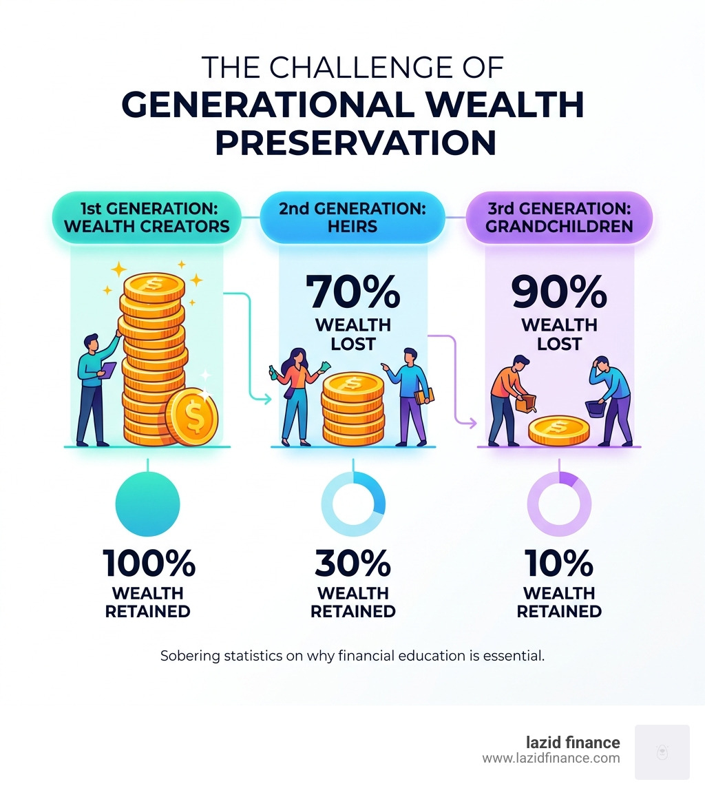 Infographic showing that 70% of wealth is lost by the 2nd generation and 90% by the 3rd - conscious wealth building tools