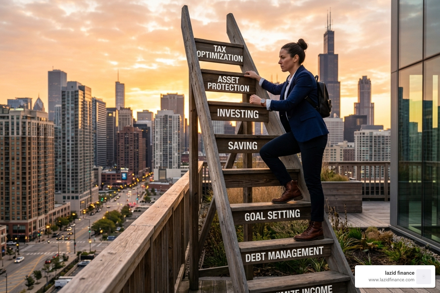 A person climbing a 7-step ladder representing the journey from maximizing income to full tax optimization - conscious