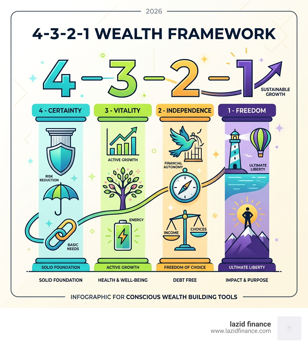 4-3-2-1 Wealth Framework showing Certainty, Vitality, Independence, Freedom pillars for sustainable growth - conscious