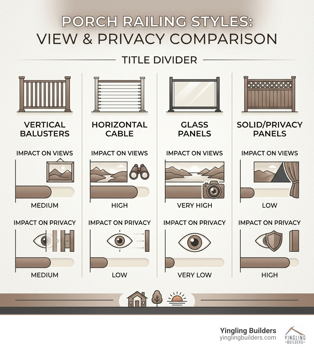 Infographic comparing different porch railing styles and their impact on views and privacy - custom homes with wrap around Infographic comparing different porch railing styles and their impact on views and privacy - custom homes with wrap around