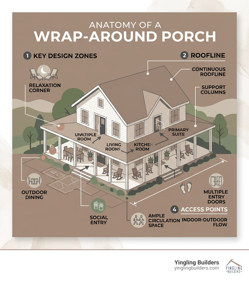 Infographic showing the anatomy of a wrap-around porch including depth, access points, roofline, and key design zones Infographic showing the anatomy of a wrap-around porch including depth, access points, roofline, and key design zones