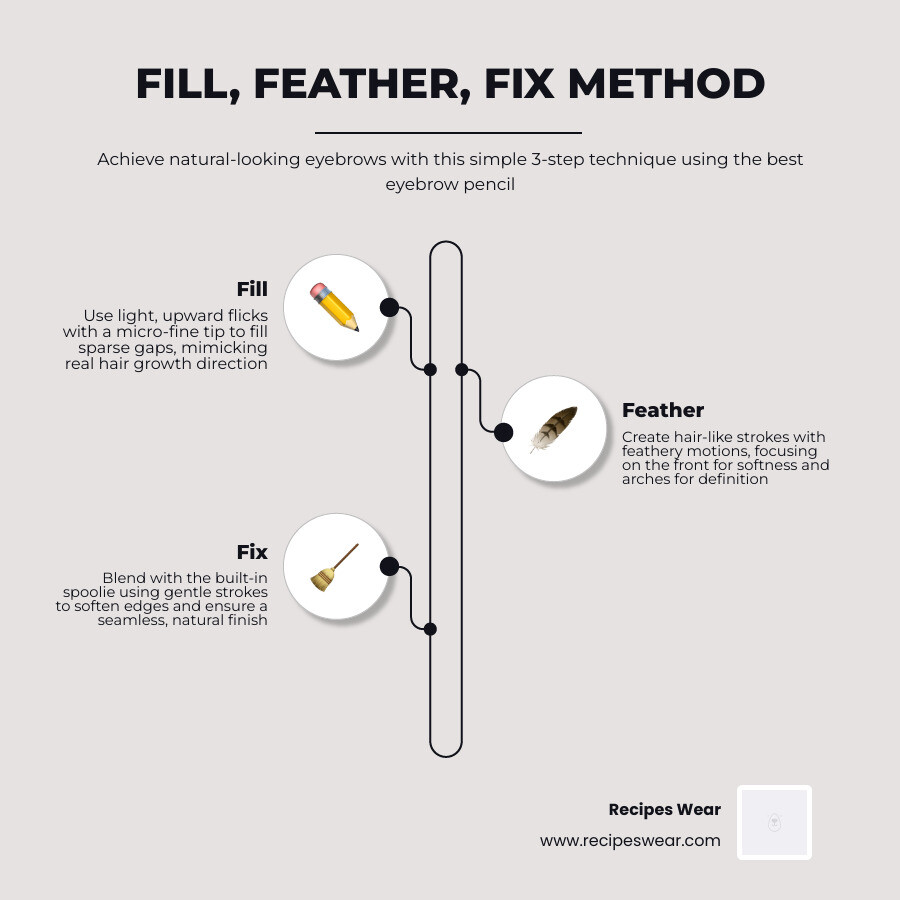 3-step Fill Feather Fix brow method infographic for natural eyebrow pencil results - best eyebrow pencil for natural look