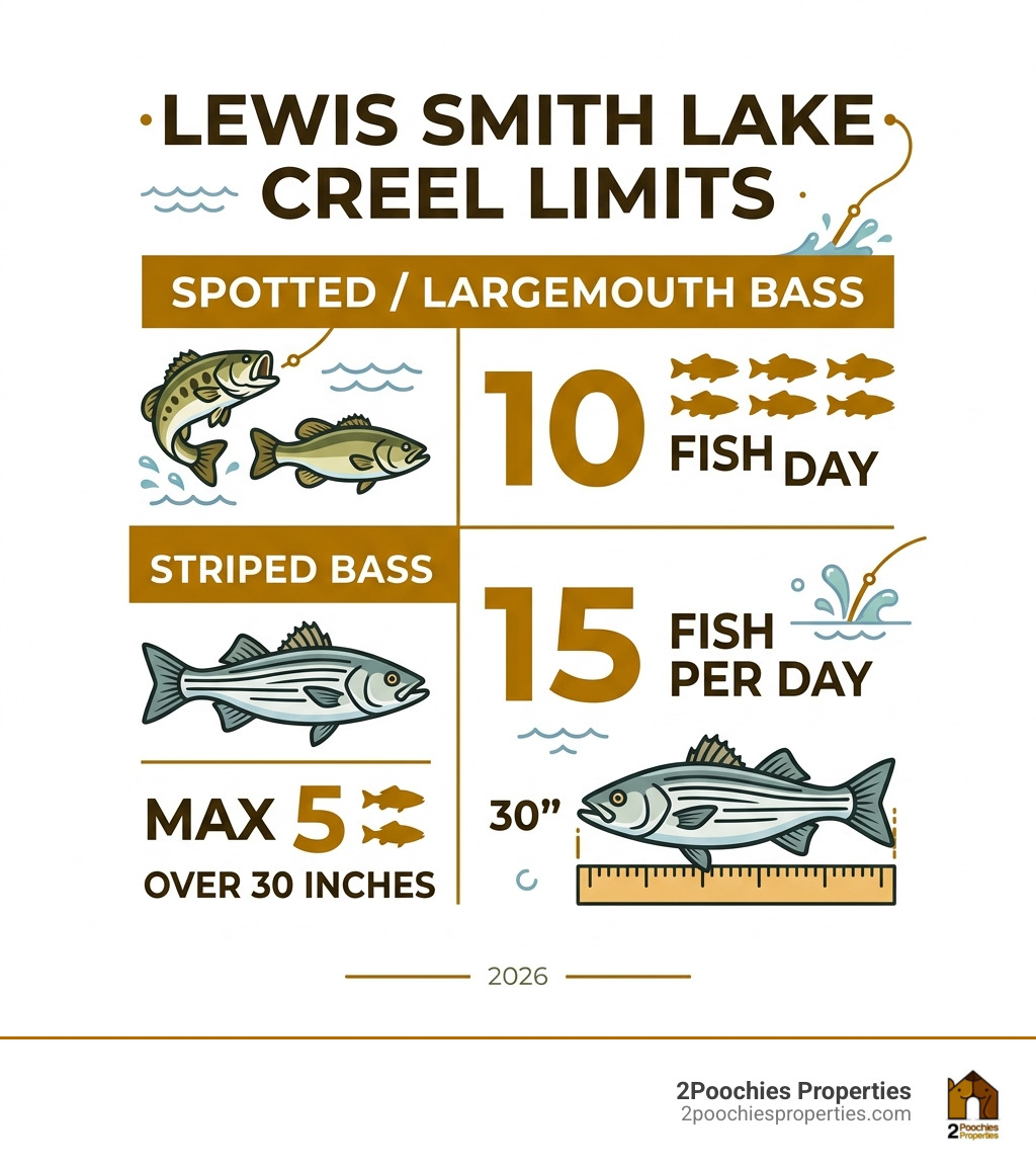 Table showing Smith Lake creel limits: Spotted/Largemouth Bass (10 per day), Striped Bass (15 per day, only 5 over 30