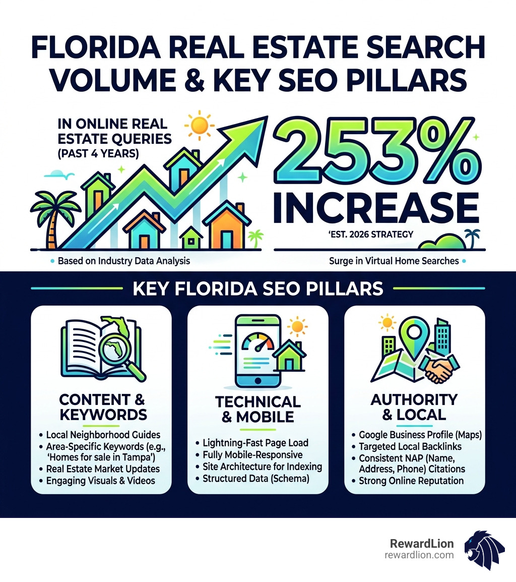 Infographic showing 253% increase in real estate search volume and key Florida SEO pillars - SEO for real estate Florida