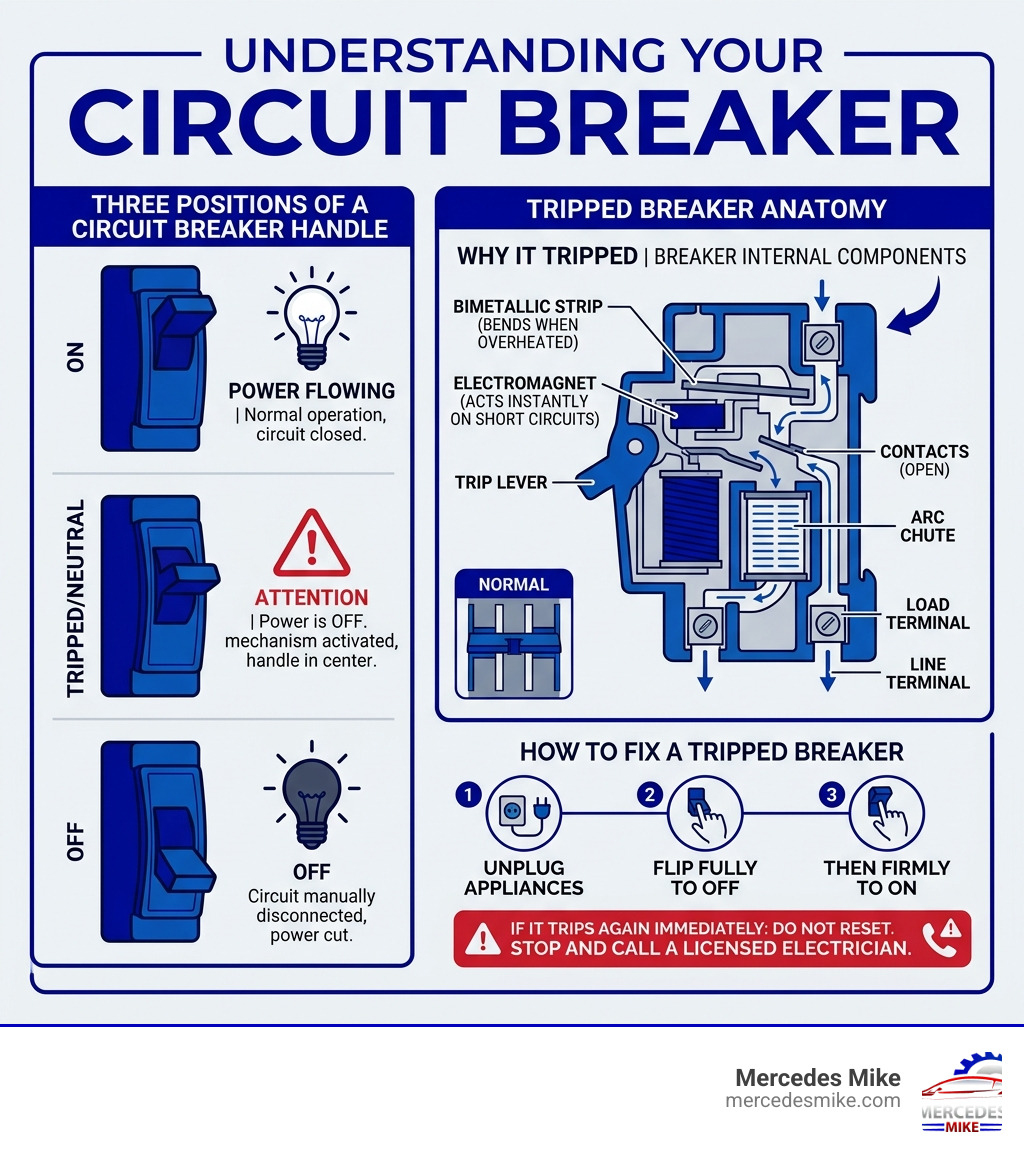 infographic showing circuit breaker three positions ON OFF and Neutral with tripped breaker anatomy - fix circuit breaker