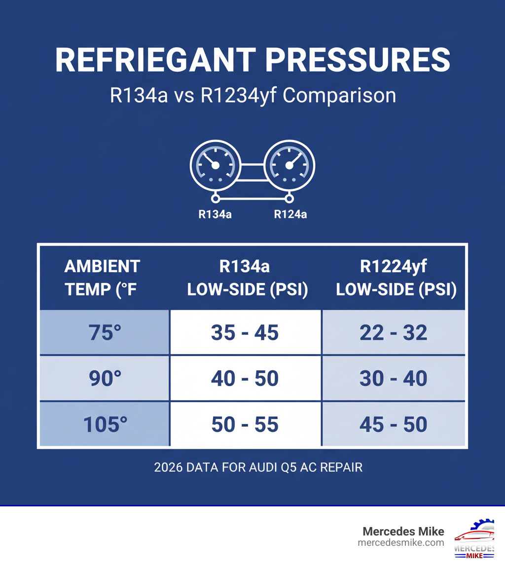 Comparison table of R134a vs R1234yf pressures based on ambient temperature - Audi Q5 AC repair infographic Comparison table of R134a vs R1234yf pressures based on ambient temperature - Audi Q5 AC repair infographic