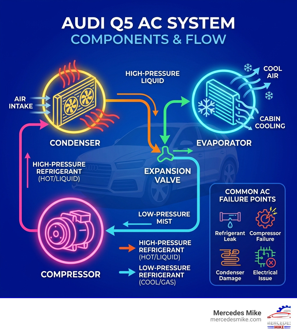 Audi Q5 AC system components diagram showing compressor condenser evaporator and refrigerant flow - Audi Q5 AC repair Audi Q5 AC system components diagram showing compressor condenser evaporator and refrigerant flow - Audi Q5 AC repair