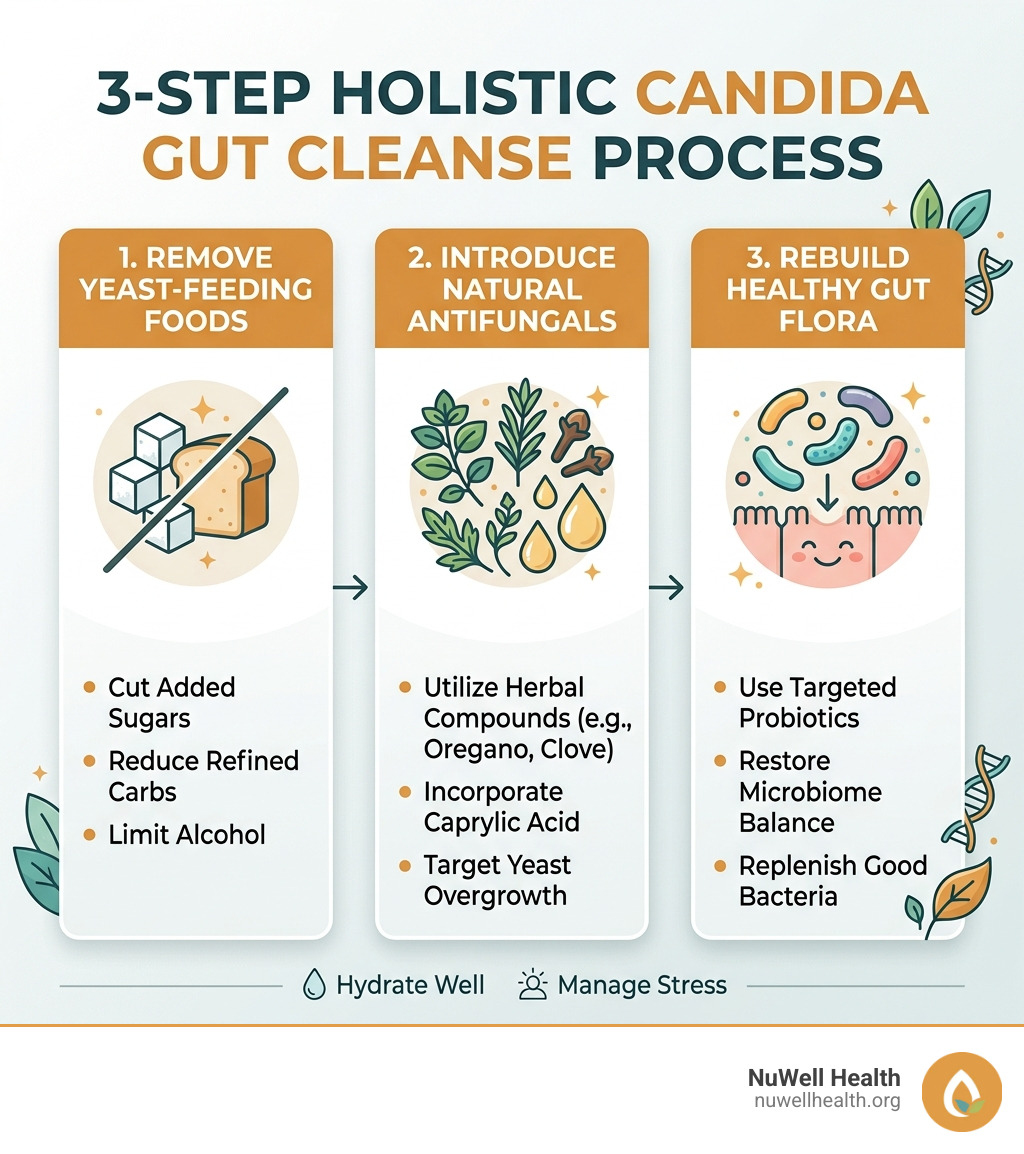 3-step holistic candida gut cleanse process overview infographic - holistic candida gut cleanse infographic 