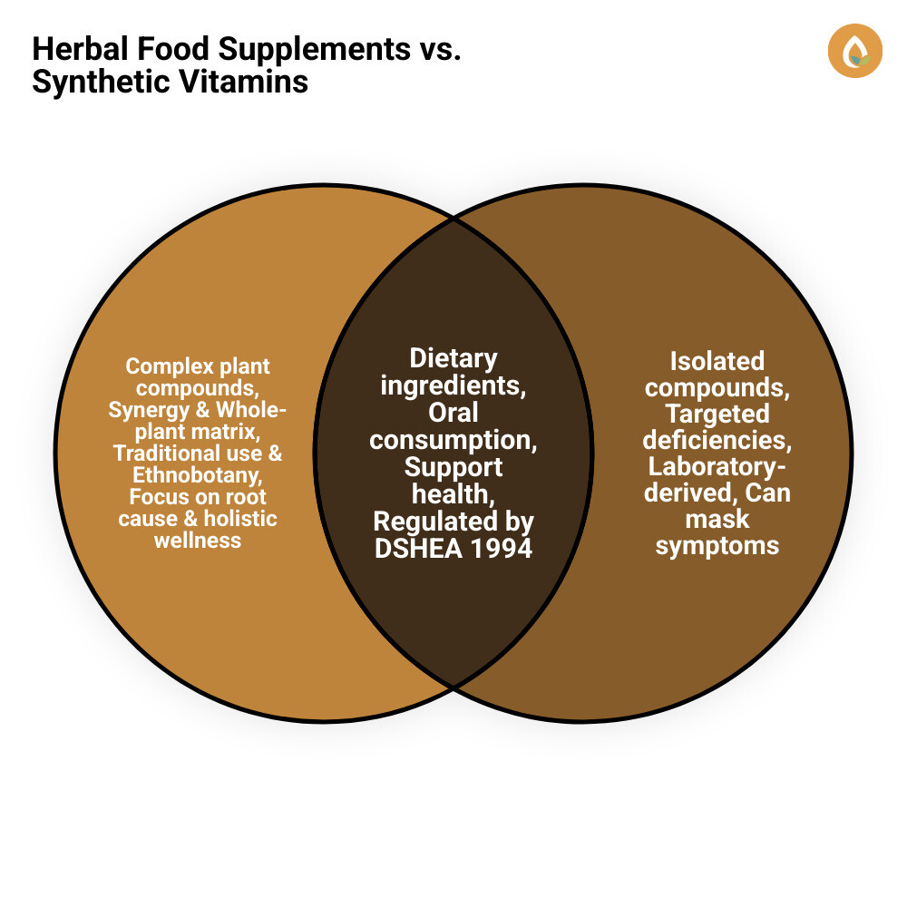 Common herbal food supplements vs synthetic vitamins - key differences infographic - herbal food supplement infographic