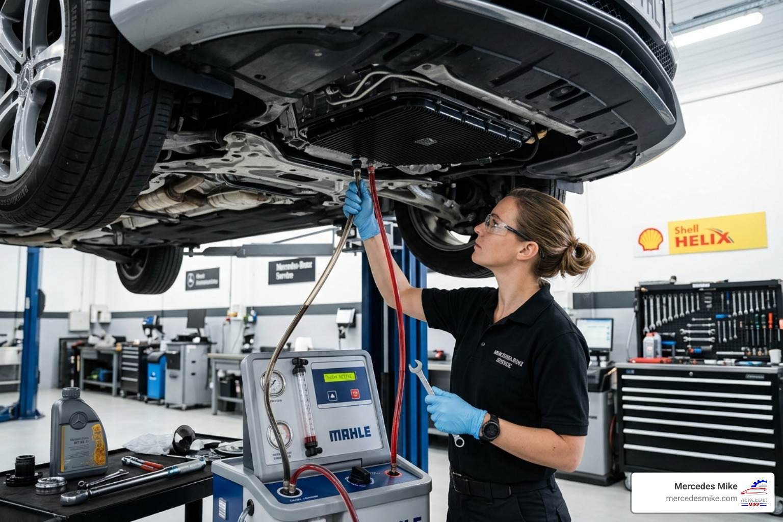 Technician performing a Mercedes-Benz transmission fluid flush - how much to repair mercedes transmission