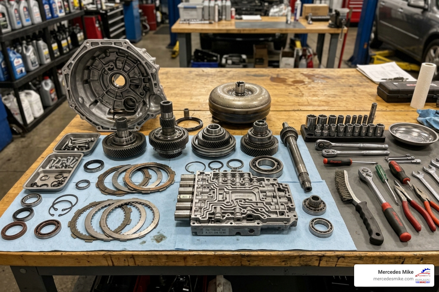 Disassembled 7G-Tronic transmission on a clean workbench - how much to repair mercedes transmission