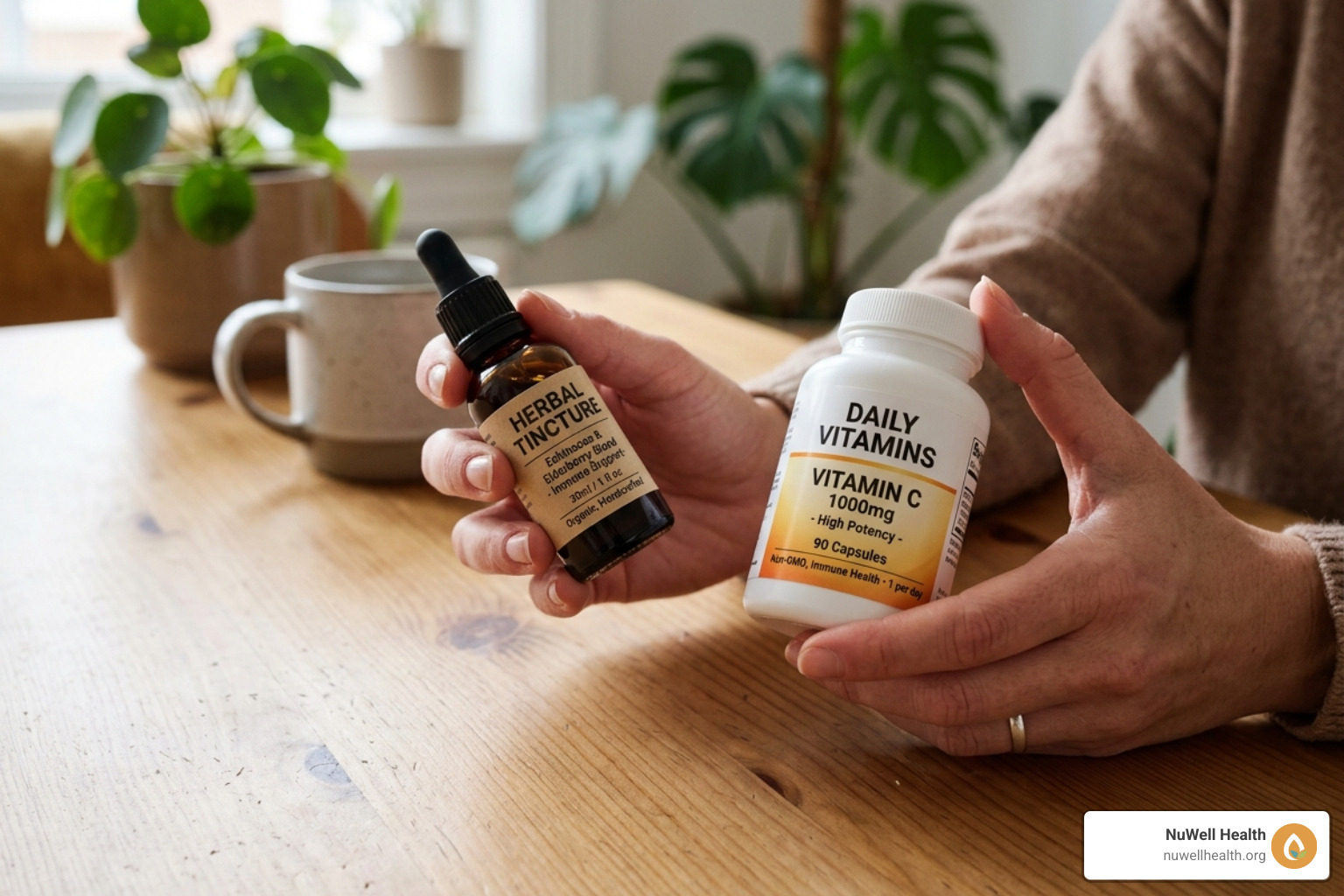 person comparing herbal tincture to vitamin bottle - herbal food supplement