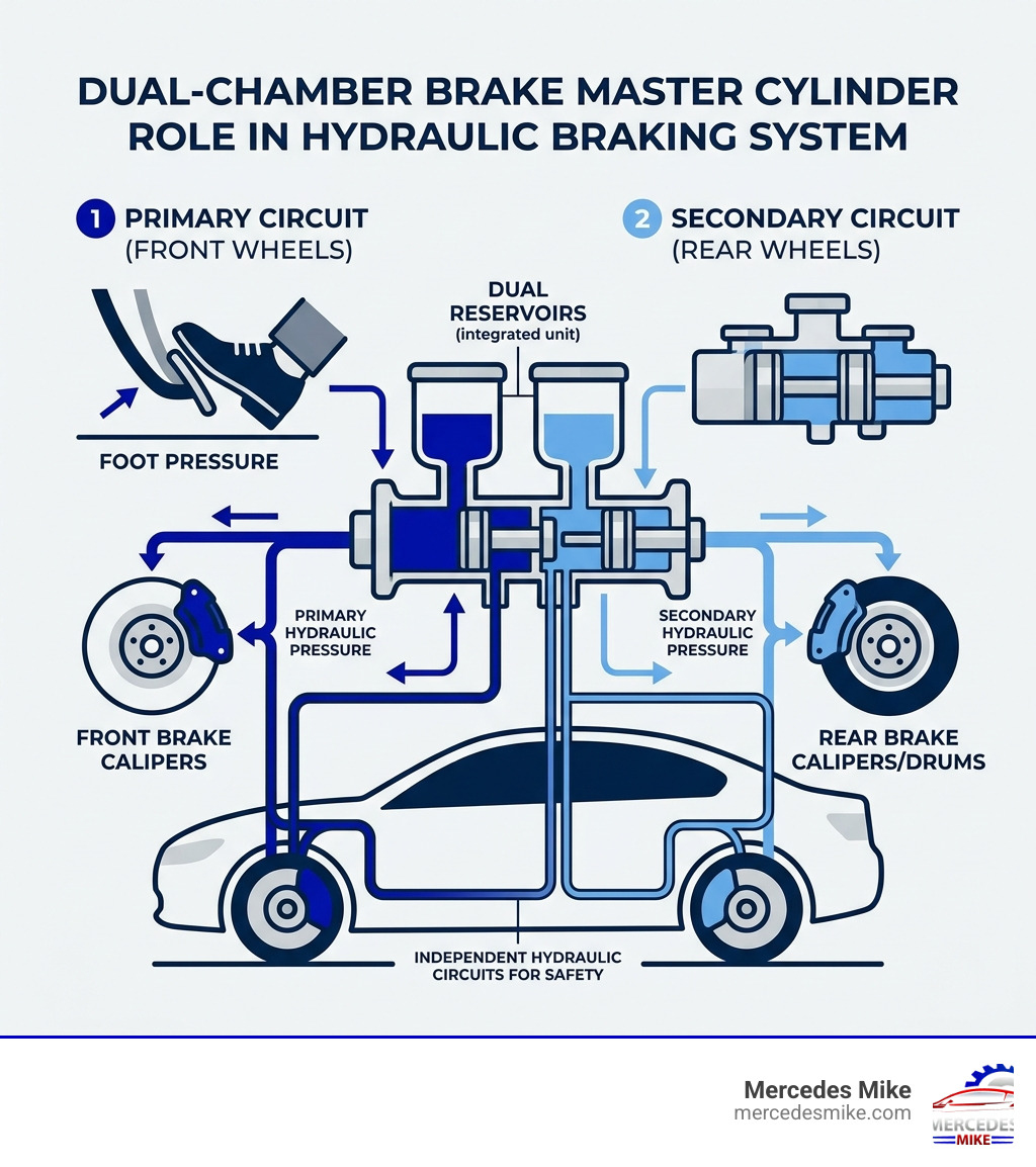 Infographic showing dual-chamber brake master cylinder role in hydraulic braking system - brake master cylinder repair