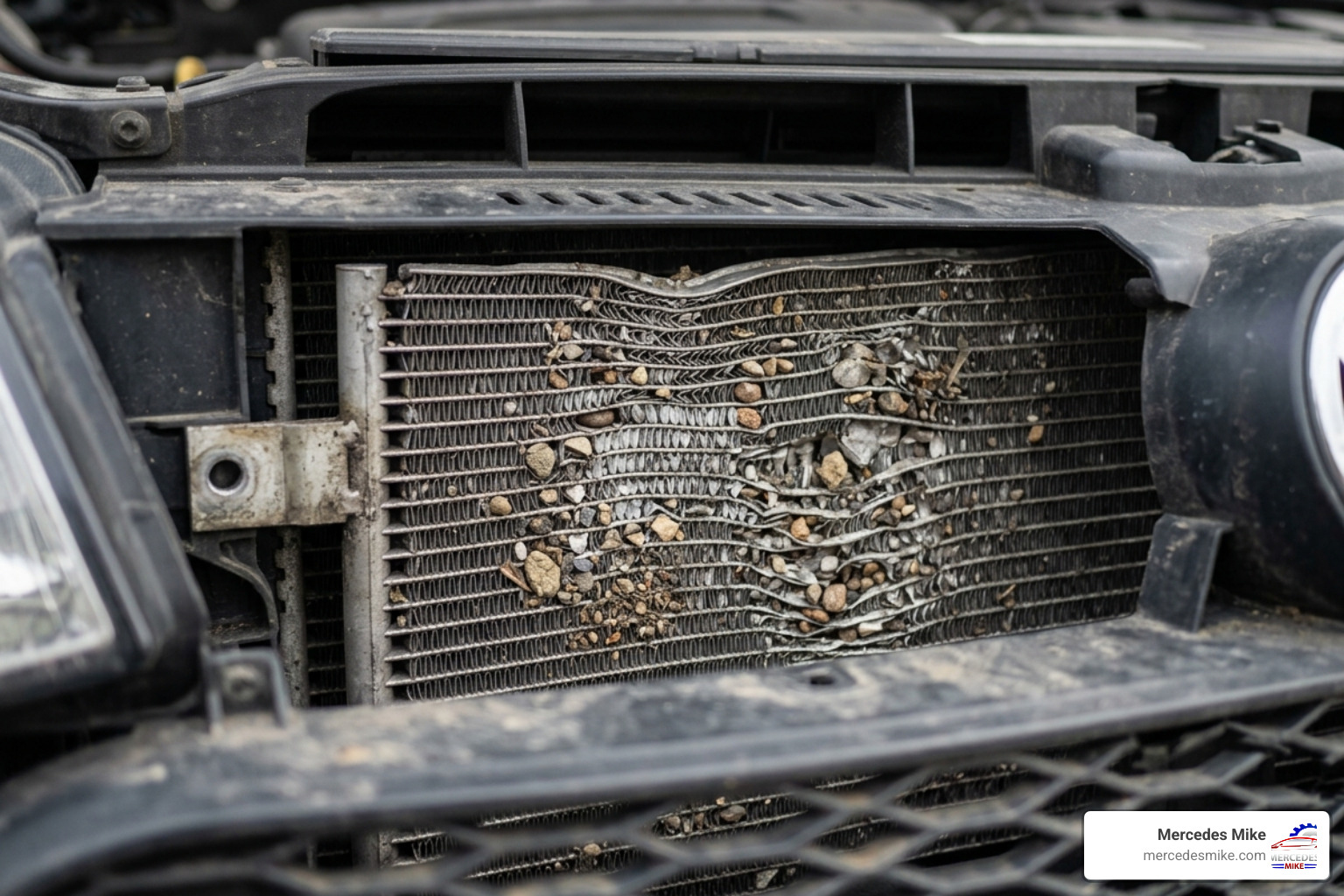 Damaged AC condenser fins from road debris and rocks - Audi Q5 AC repair Damaged AC condenser fins from road debris and rocks - Audi Q5 AC repair