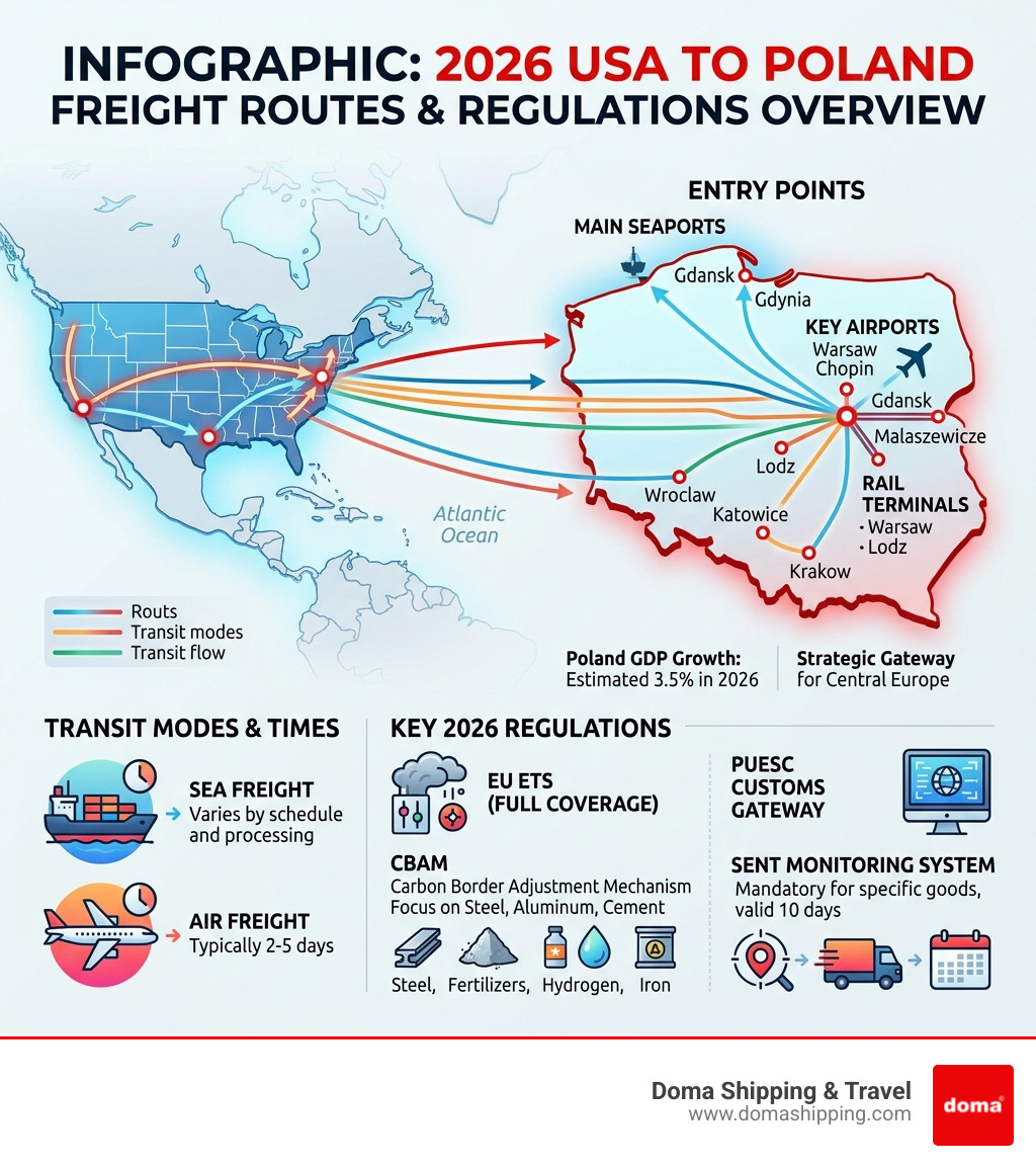 Infographic: 2026 USA to Poland freight routes, entry points, transit modes, and key regulations overview - business freight Infographic: 2026 USA to Poland freight routes, entry points, transit modes, and key regulations overview - business freight