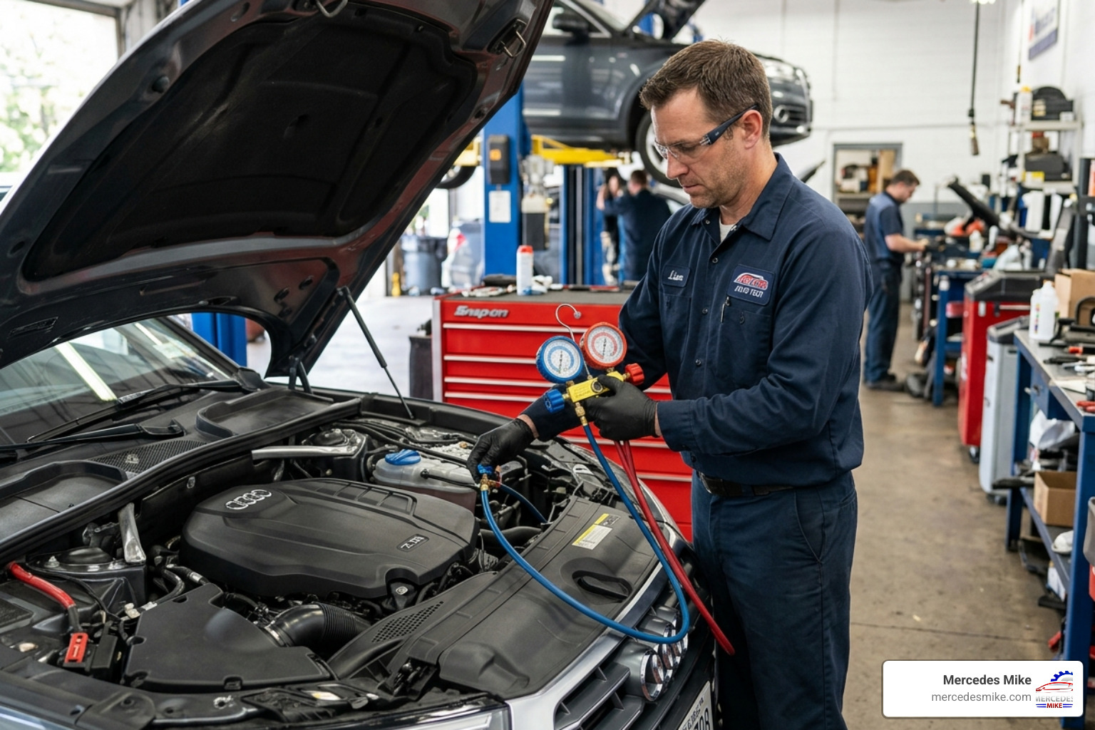 Technician using professional manifold gauges to check high and low side pressures - Audi Q5 AC repair Technician using professional manifold gauges to check high and low side pressures - Audi Q5 AC repair