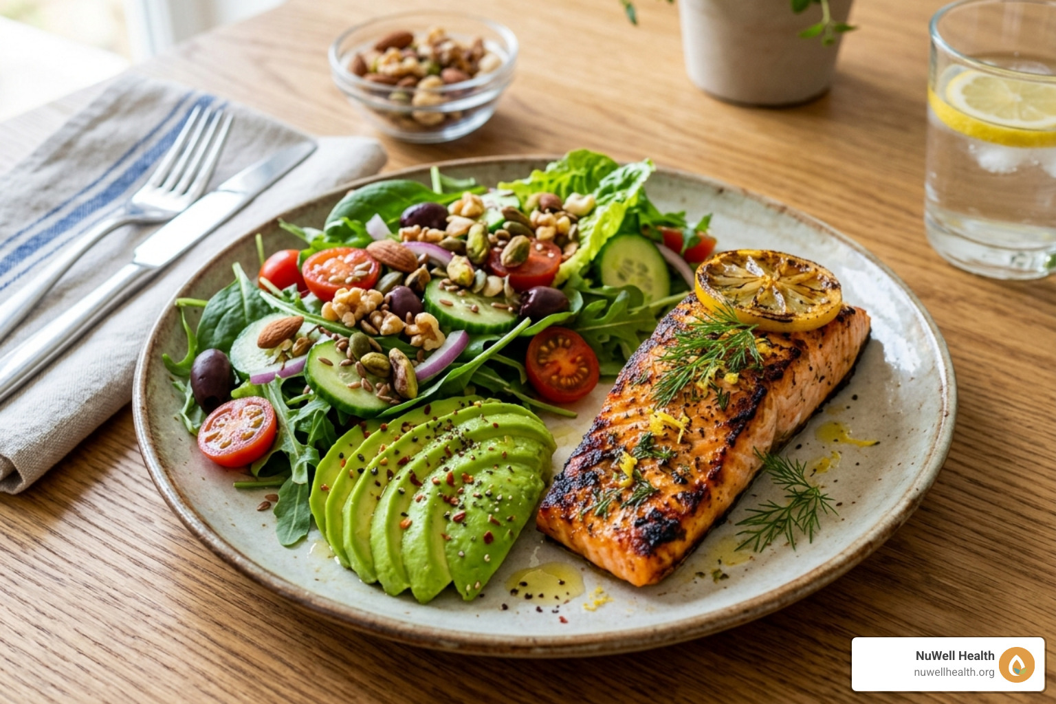 A colorful Mediterranean-style meal featuring salmon, avocado, leafy greens, and nuts - natural hormone support