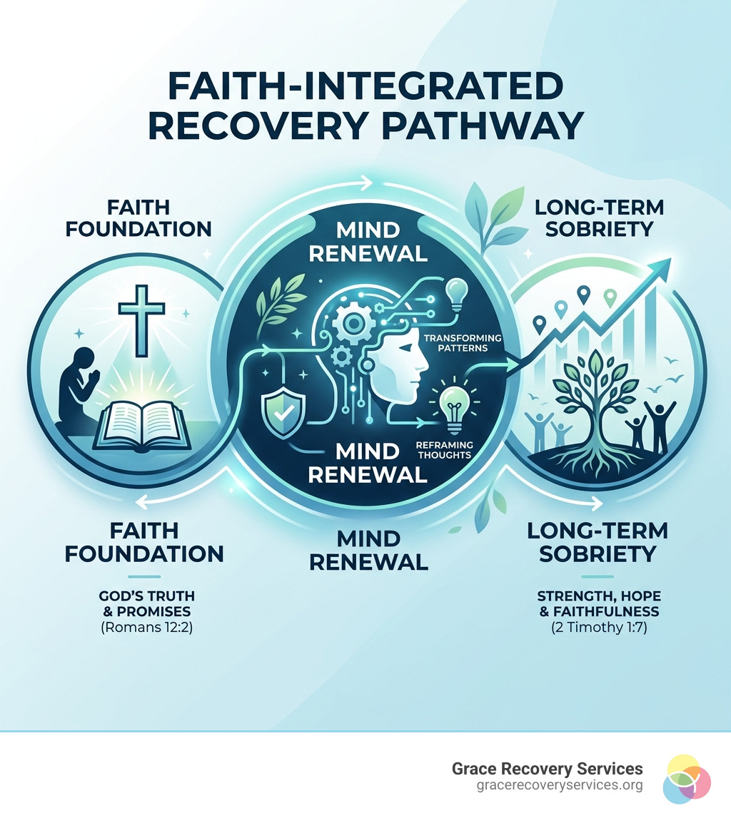 Infographic showing connection between faith, mind renewal, and long-term sobriety in addiction recovery - bible verses