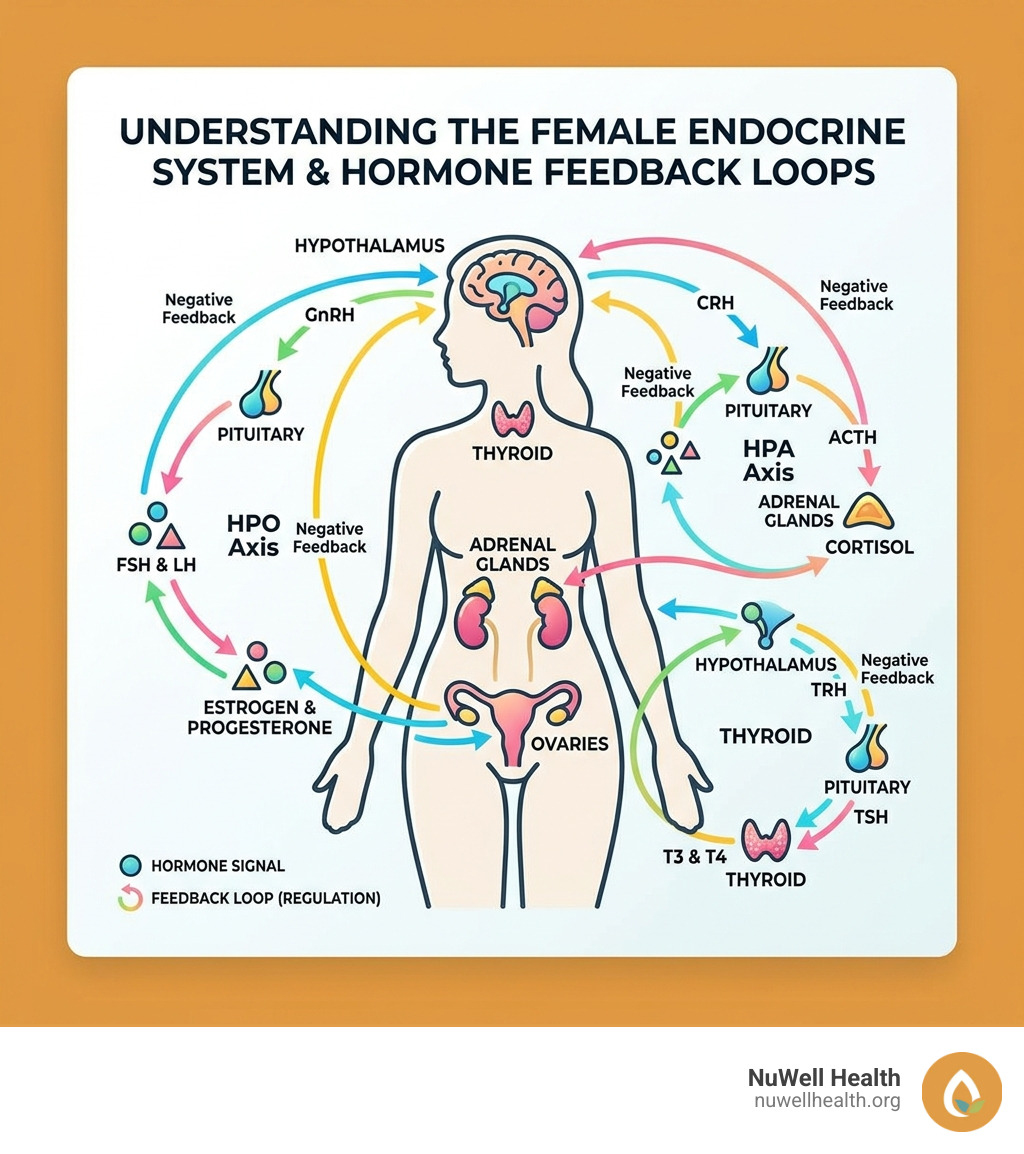 Infographic showing the endocrine system and key hormone feedback loops in the female body - natural hormone support