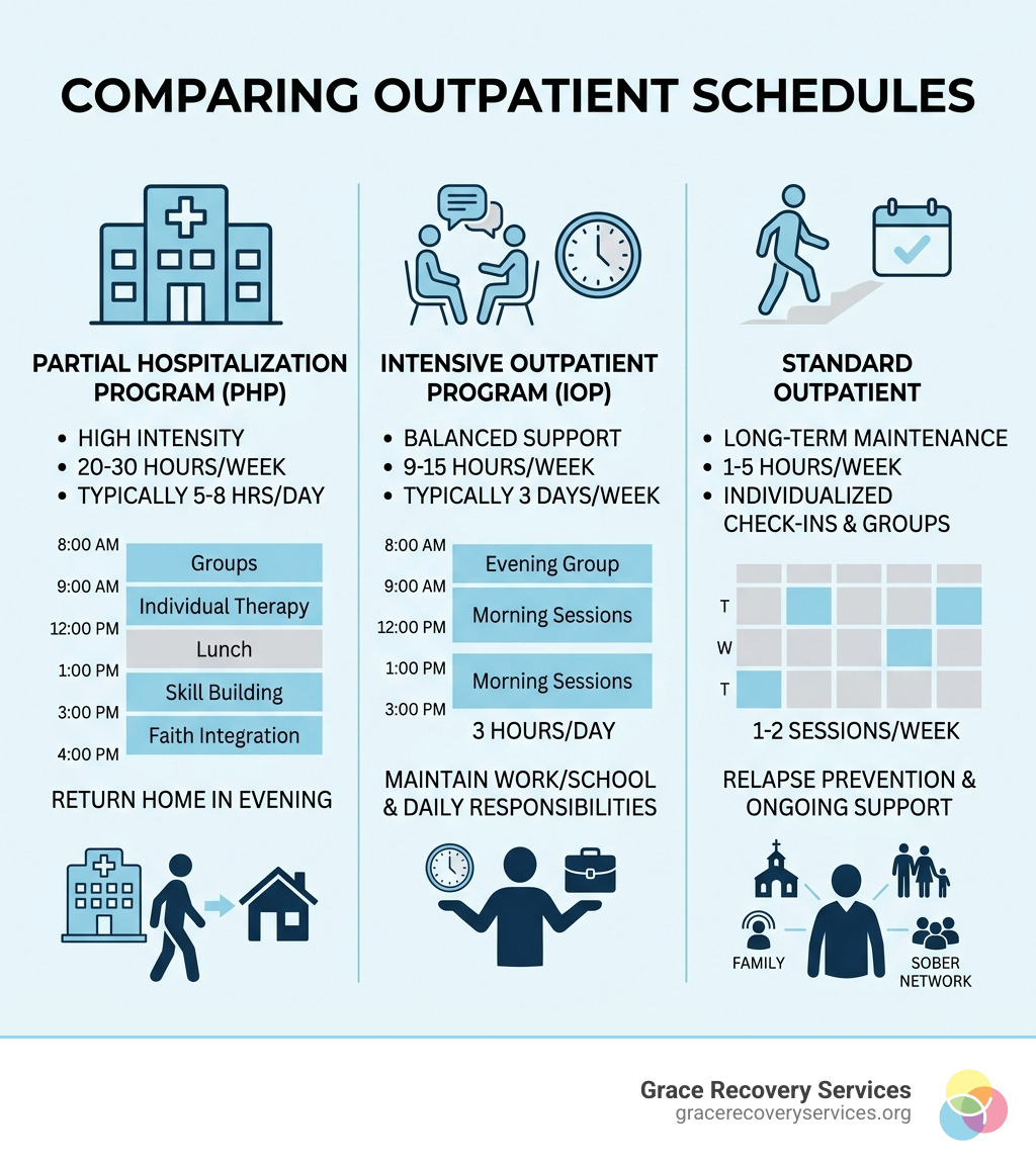 Comparison of PHP, IOP, and Outpatient schedules infographic - faith integrated recovery Pittsburgh infographic Comparison of PHP, IOP, and Outpatient schedules infographic - faith integrated recovery Pittsburgh infographic