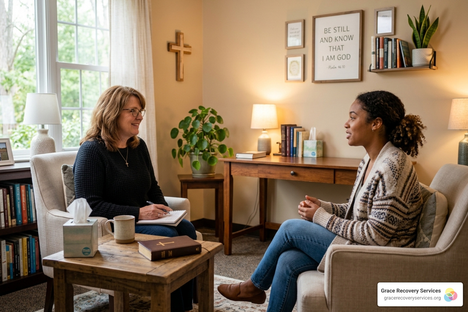 A supportive Christian counseling session taking place in a warm, inviting office - bible verses overcoming addiction