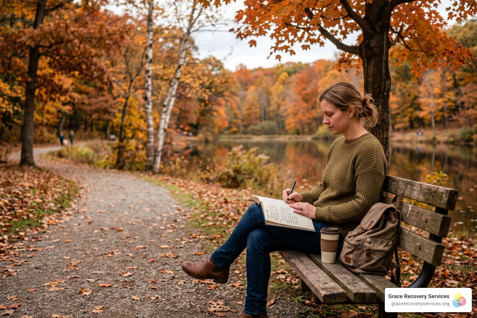 a person journaling quietly on a park bench in Western PA - faith integrated recovery Pittsburgh a person journaling quietly on a park bench in Western PA - faith integrated recovery Pittsburgh