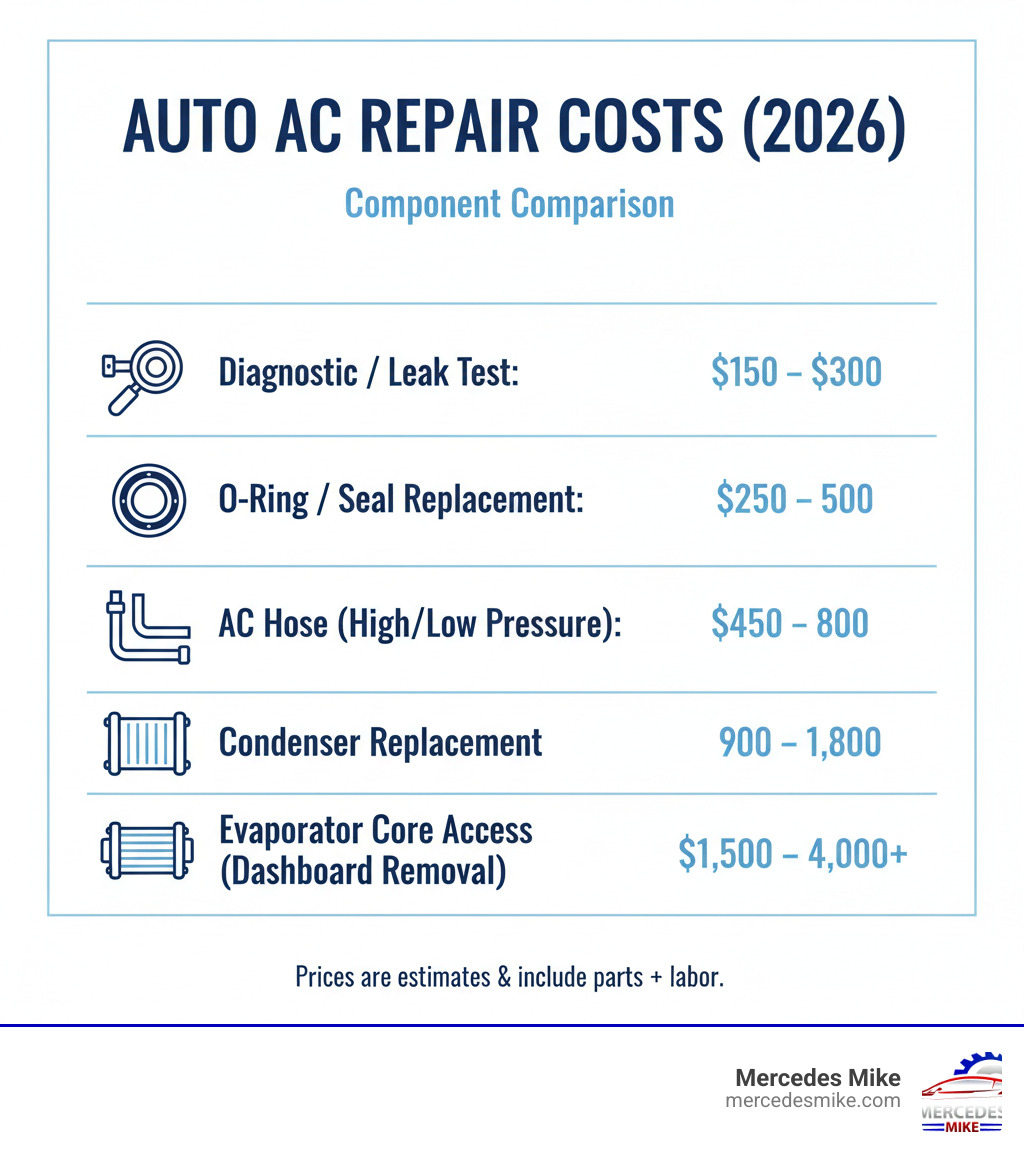 Comparison of repair costs by vehicle component - refrigerant leak repair infographic Comparison of repair costs by vehicle component - refrigerant leak repair infographic
