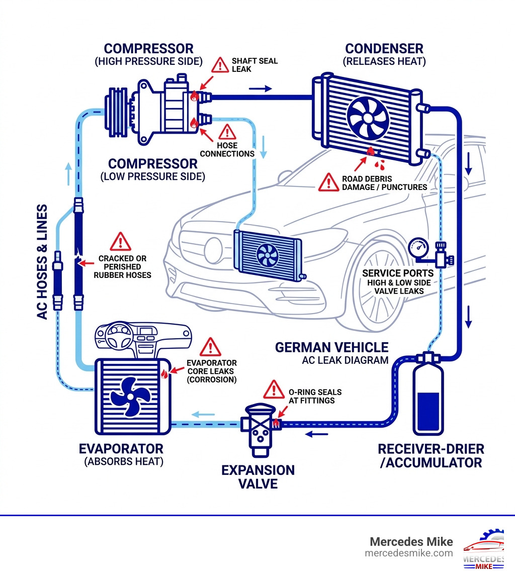Automotive AC refrigerant cycle diagram showing common leak points in German vehicles - refrigerant leak repair infographic Automotive AC refrigerant cycle diagram showing common leak points in German vehicles - refrigerant leak repair infographic