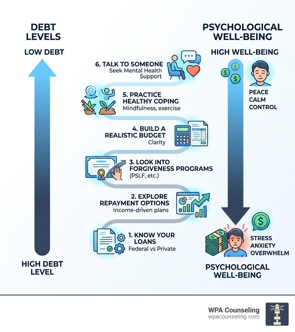 Infographic: debt levels vs. psychological well-being, showing steps from knowing your loans to seeking mental health Infographic: debt levels vs. psychological well-being, showing steps from knowing your loans to seeking mental health