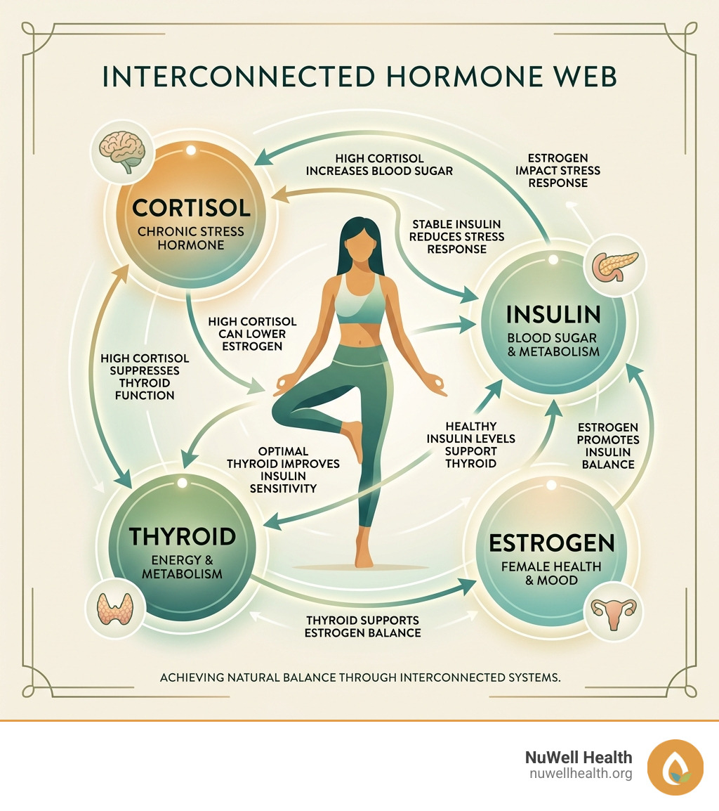 Infographic showing how hormones like cortisol, estrogen, insulin, and thyroid are interconnected - natural hormone balance Infographic showing how hormones like cortisol, estrogen, insulin, and thyroid are interconnected - natural hormone balance