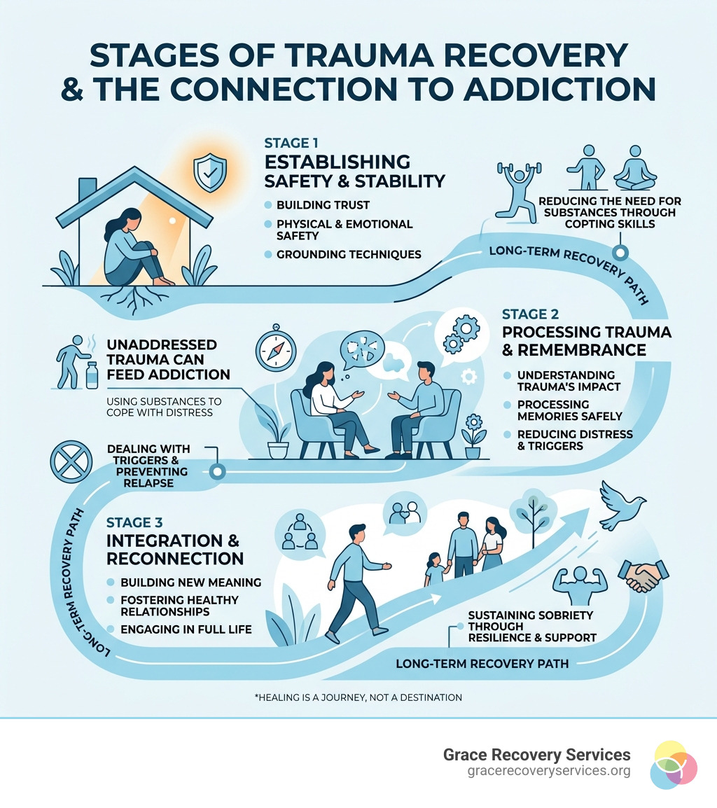 Stages of psychological trauma recovery and connection to addiction infographic - Western PA trauma rehab infographic Stages of psychological trauma recovery and connection to addiction infographic - Western PA trauma rehab infographic
