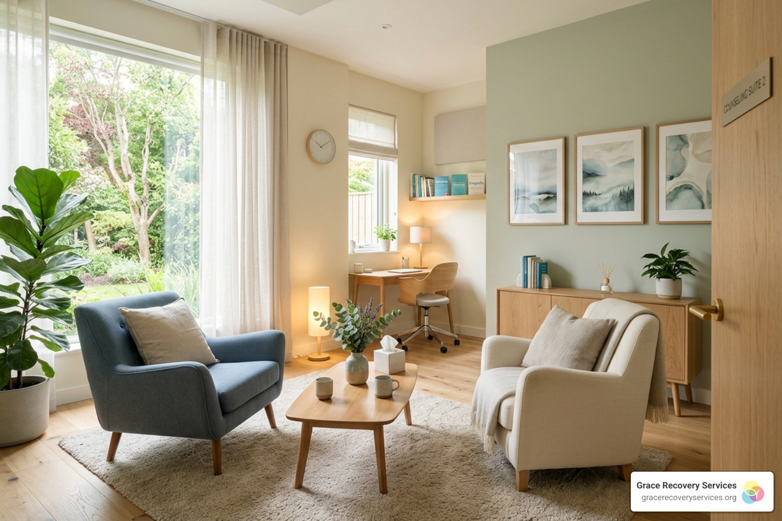 A peaceful, modern counseling suite designed for safety and comfort - Western PA trauma rehab A peaceful, modern counseling suite designed for safety and comfort - Western PA trauma rehab