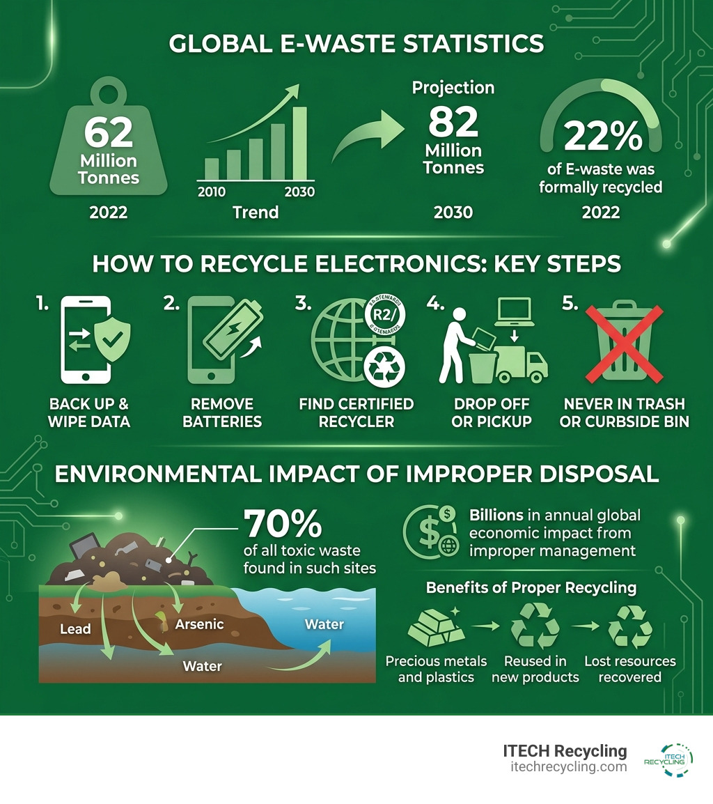 Infographic showing e-waste statistics, recycling steps, and environmental impact of electronics disposal - how to recycle