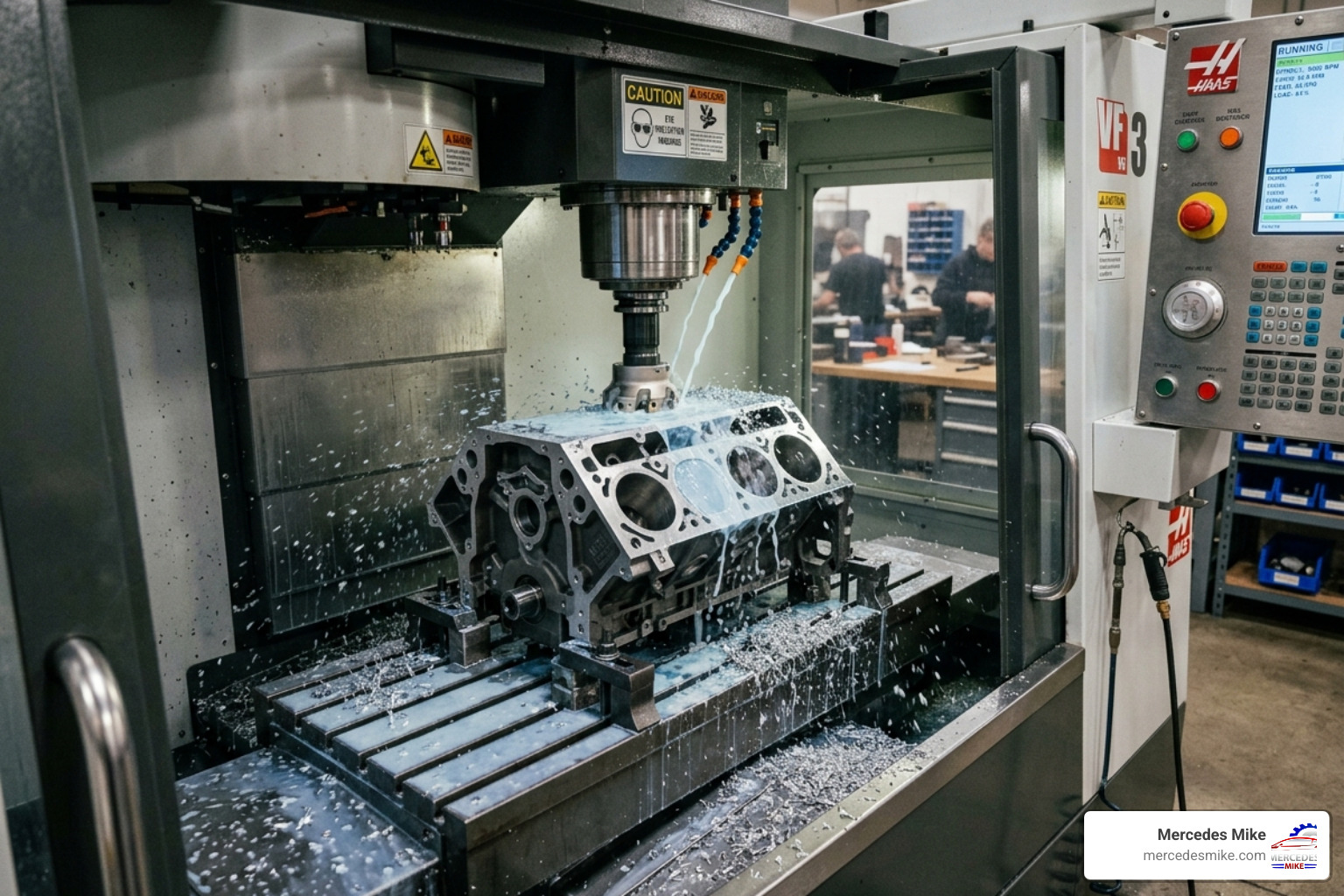 High-precision CNC machine resurfacing the deck of an aluminum engine block - cost to rebuild engine