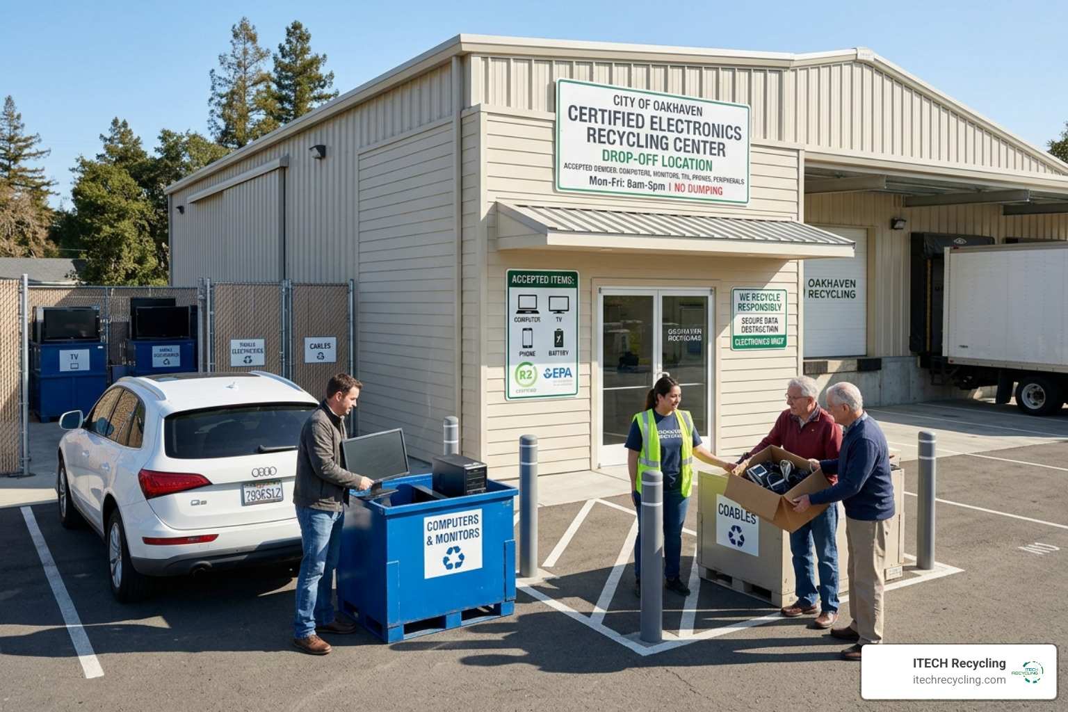 Certified electronics recycling drop-off center with clear signage - how to recycle electronics